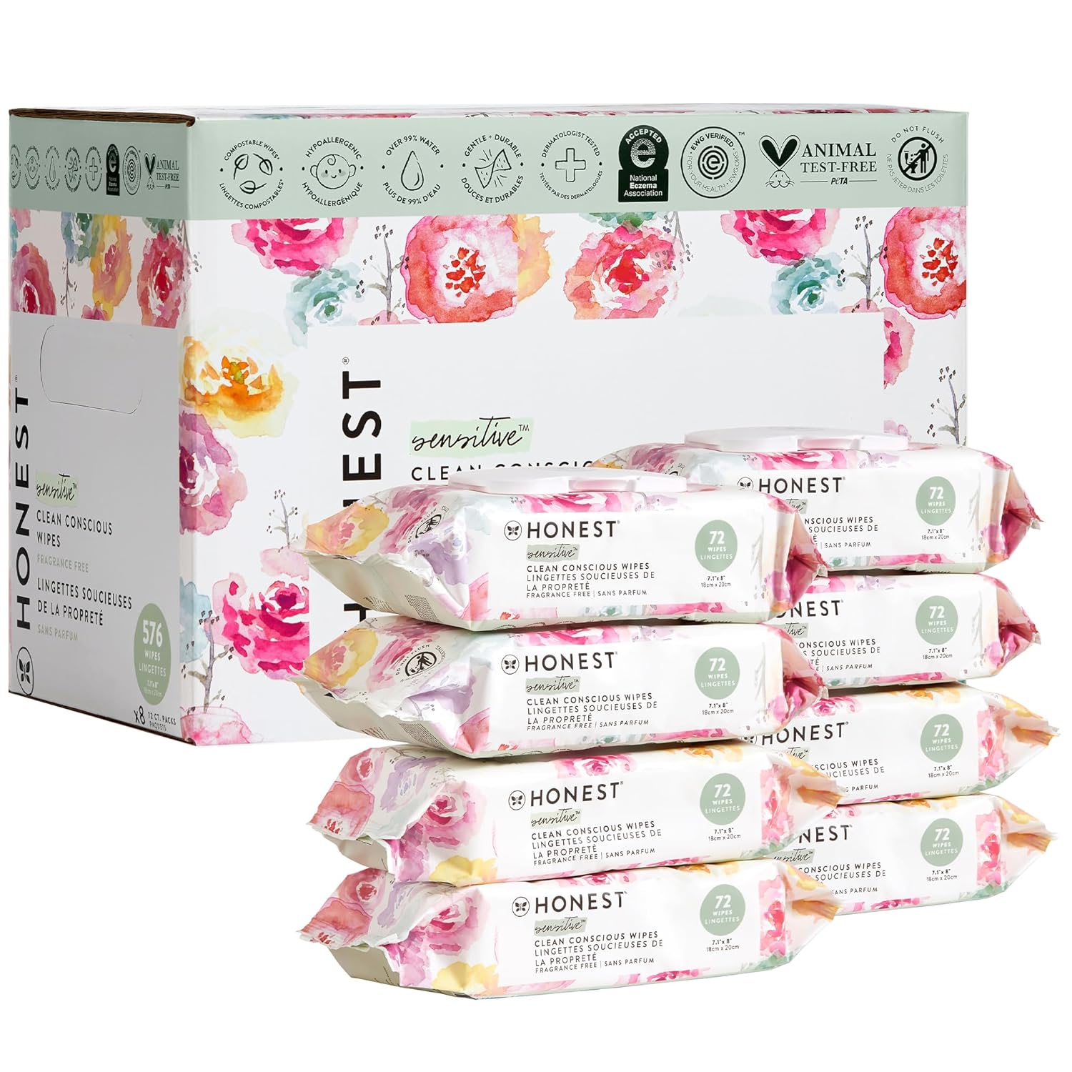 The Honest Company Clean Conscious Multi-Use Wipes | Hypoallergenic + Unscented for Sensitive Skin | Over 99% Water, Compostable, Plant Based, Baby Wipes | Geo Mood, 288 Count