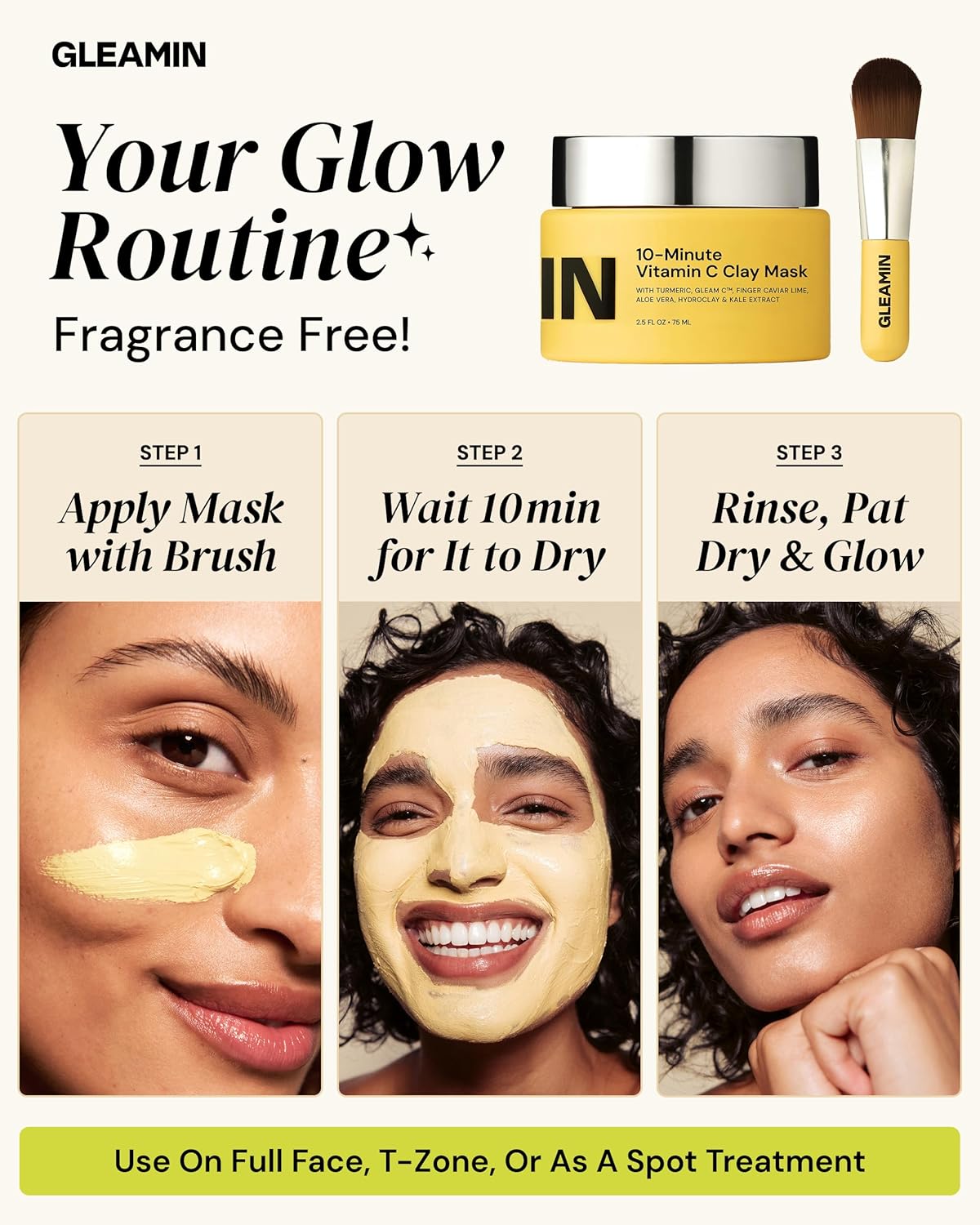 Gleamin Vitamin C Clay Mask for Dark Spots,10-Minutes Turmeric Clay Face Mask Skin Care, Deep Cleansing Pores - Facial Improves Uneven Tone, Post-Blemish, Visibly Brighten, Scarring & Texture - 2.5 Oz