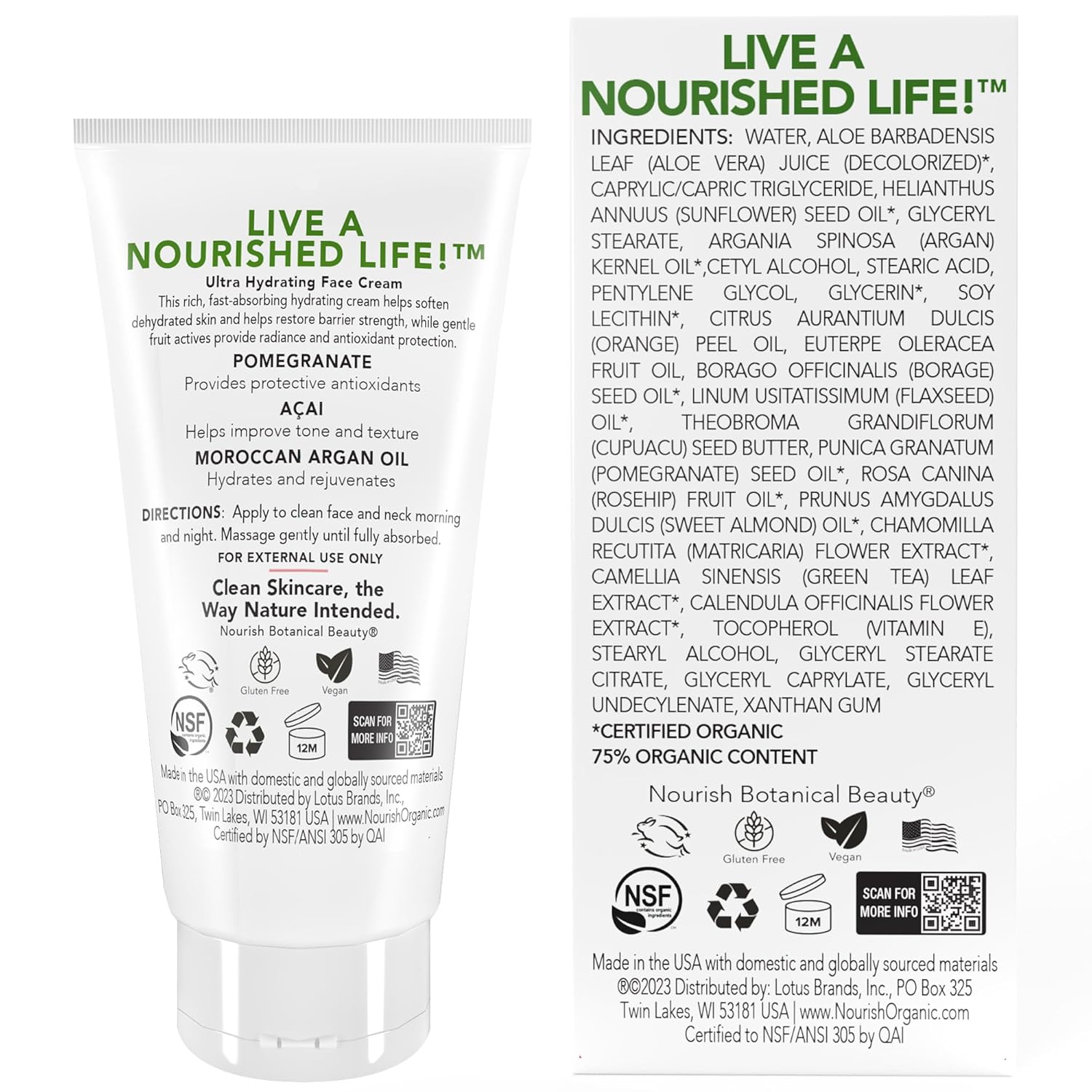Nourish Organic Face Cream, Pomegranate Acai + Argan – Ultra Hydrating Formula with Aloe Vera & Green Tea Extract, 1.7 Oz + Washable Cotton Round