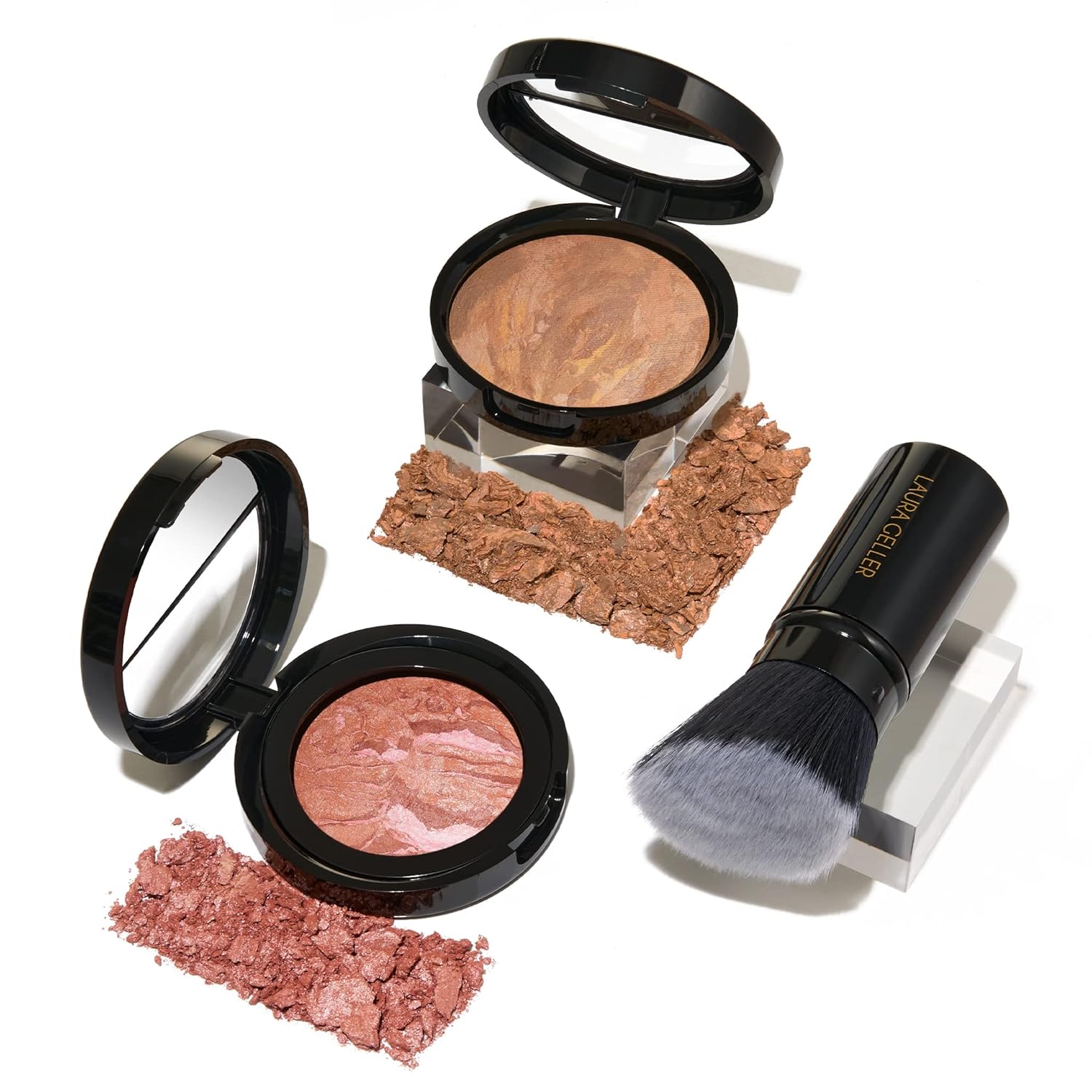 LAURA GELLER NEW YORK Baked Balance-N-Glow Illuminating Powder Foundation, Medium + Retractable Kabuki Brush + Baked Blush-N-Brighten, Pink Grapefruit