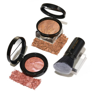 LAURA GELLER NEW YORK Baked Balance-N-Glow Illuminating Powder Foundation, Medium + Retractable Kabuki Brush + Baked Blush-N-Brighten, Pink Grapefruit