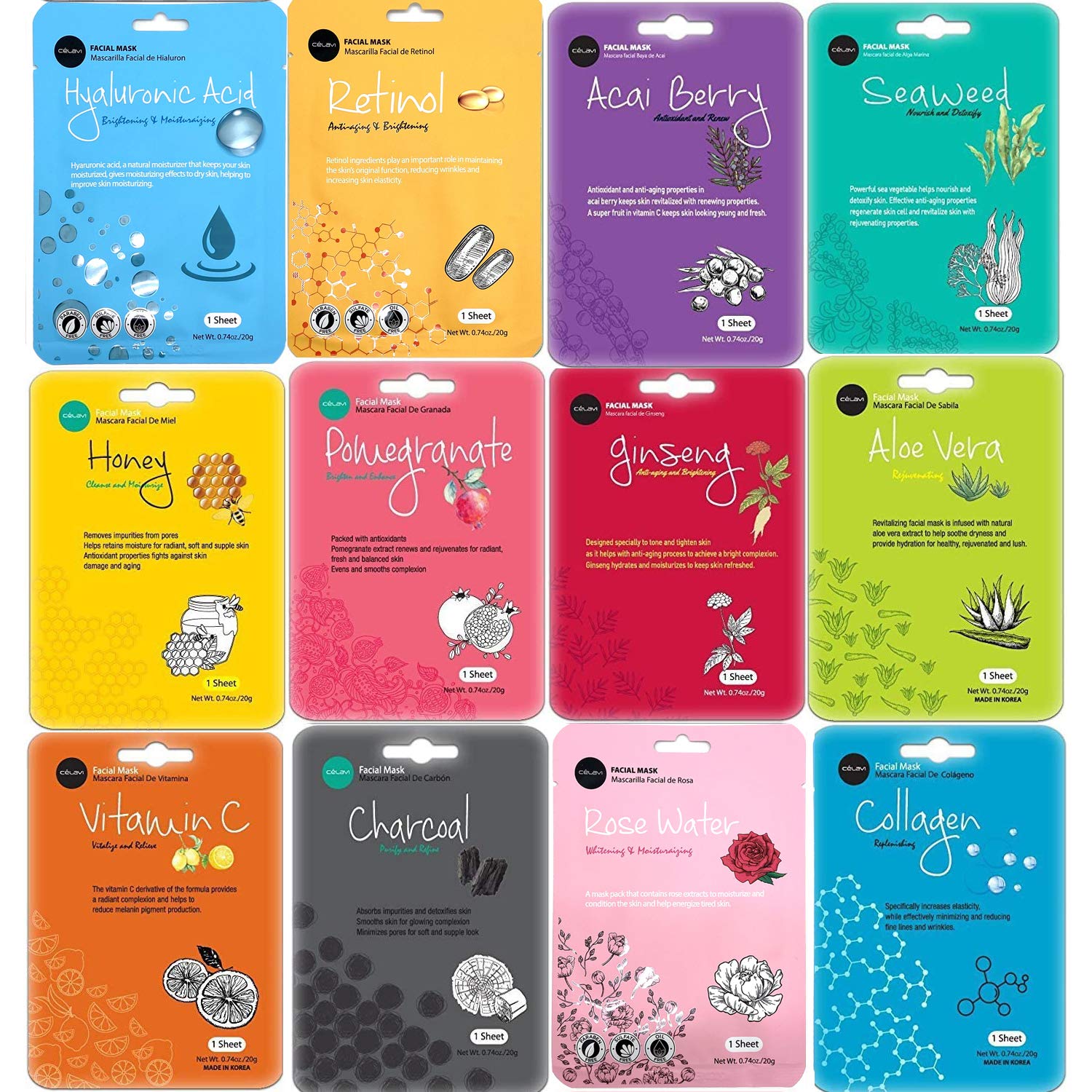 Celavi K-Beauty Skincare Essence Facial Face Mask Korea Skin Care Moisturizing B Set 12 Pack