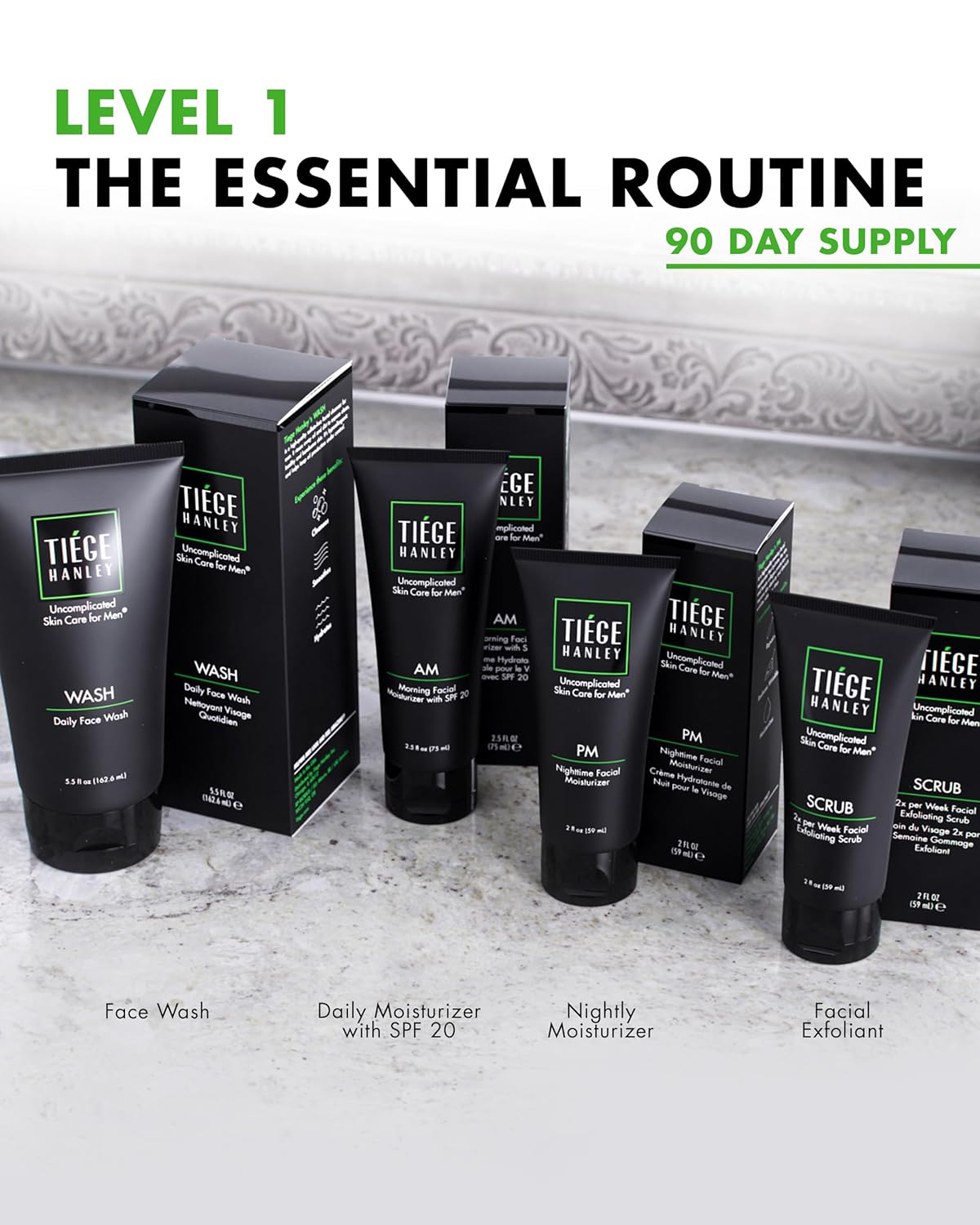 Tiege Hanley 90-Day Large Essential Skin Care Routine for Men (Level 1) - Smooth, hydrate, and protect your skin - Men's Skincare Set Includes Face Wash, Facial Scrub, & AM / PM Moisturizer's