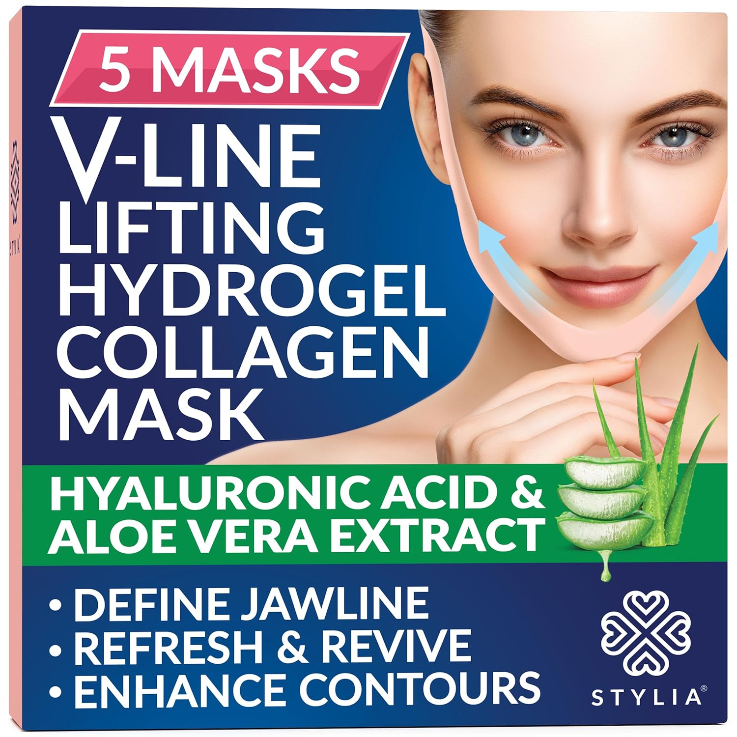 Stylia V-Line Lifting Collagen Face Mask with Hyaluronic Acid & Aloe Vera - Spa Quality Chin Strap - Jawline Shaper Collagen Mask - Face Masks Skincare - Chin Strap for Sleeping - 5PC