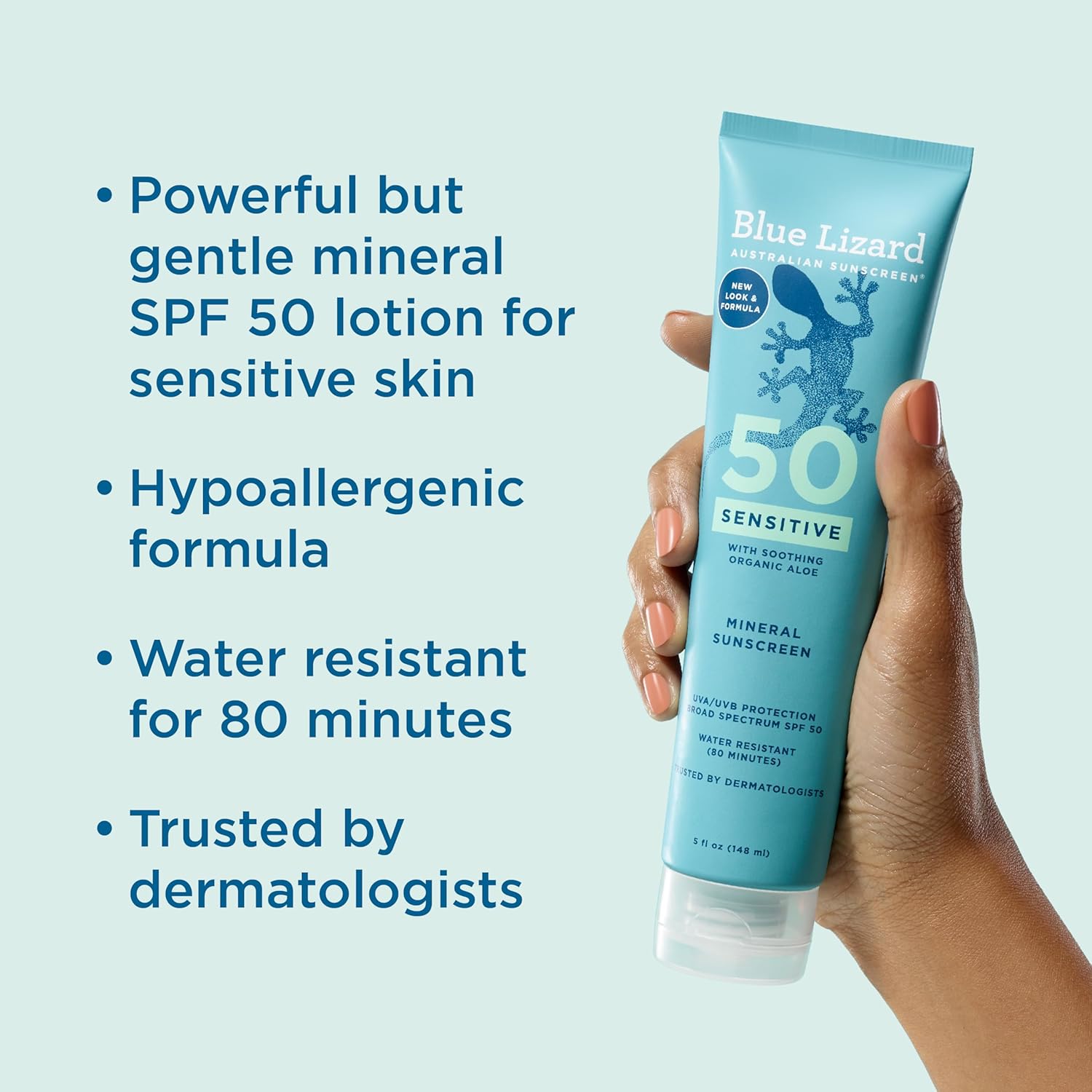 BLUE LIZARD Sensitive Mineral Sunscreen with Zinc Oxide 50+ Water Resistant UVAUVB Protection with Smart Cap Technology Fragrance Free, Sensitve, SPF 50 - - Tube, Unscented, 5 Fl Oz