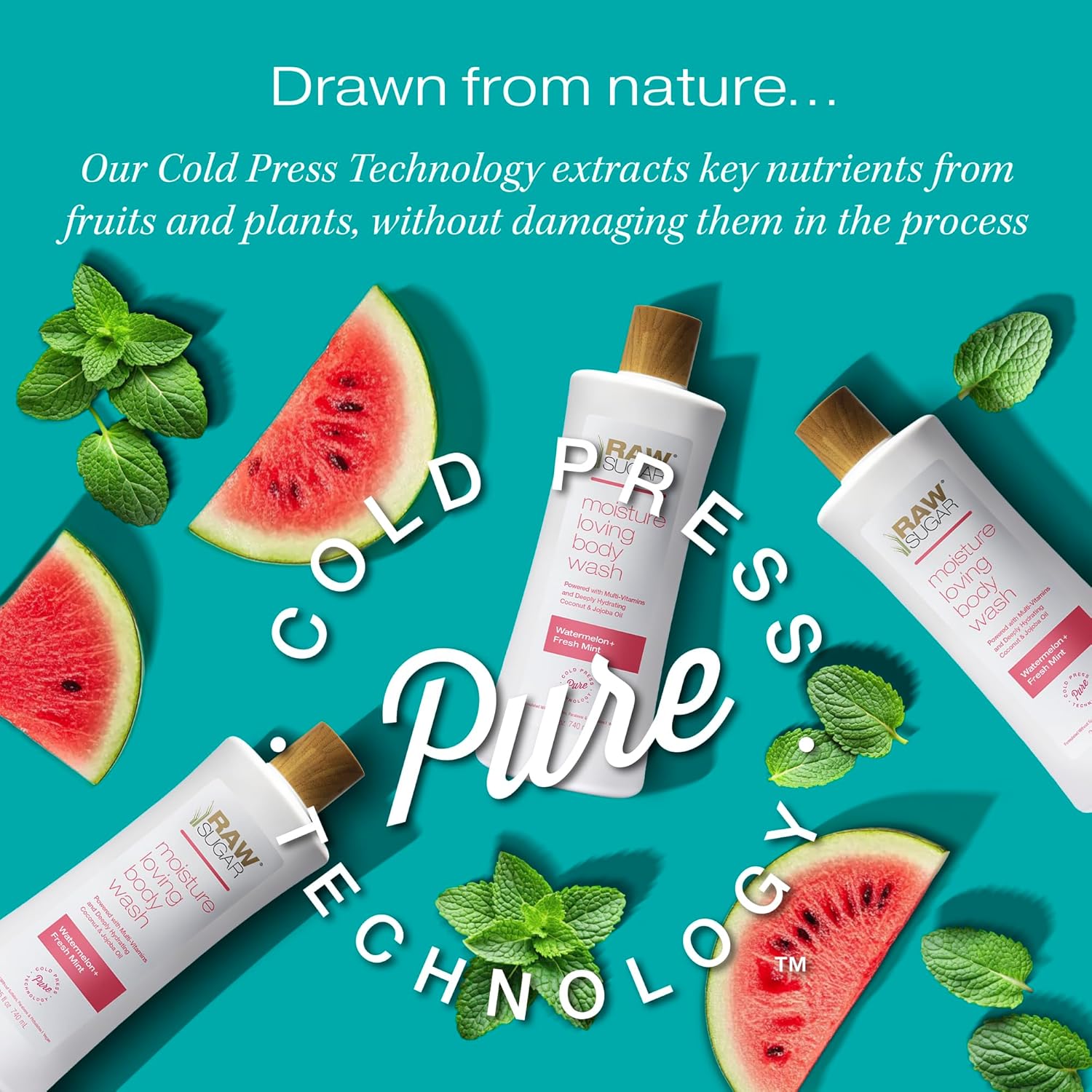 RAW SUGAR Moisture Loving Body Wash - Watermelon + Fresh Mint, Moisturizing & Refreshing Bath & Shower Gel, Sulfate-Free, Paraben-Free & Vegan (Pack of 3)