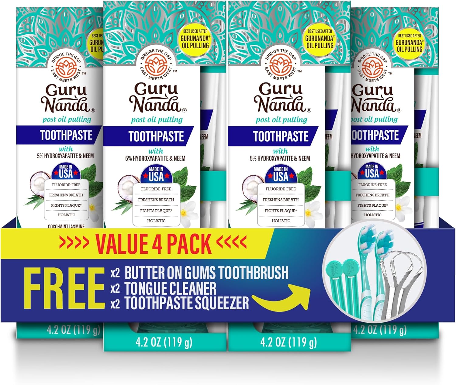GuruNanda Hydroxyapatite Toothpaste, SLS & Fluoride Free, Whitening Toothpaste - Freshens Breath, Fights Plaque - Natural CocoMint Jasmine Neem, 4.2oz