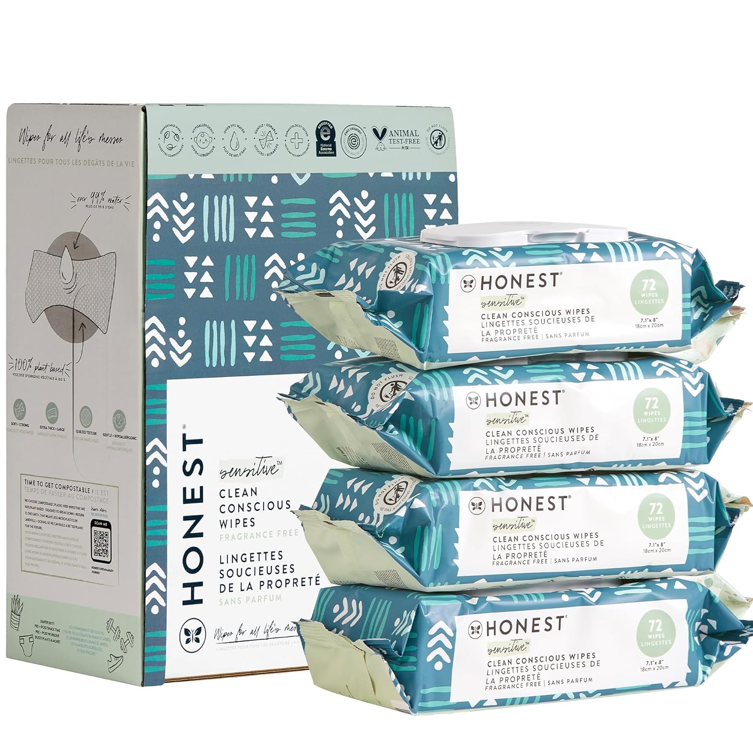 The Honest Company Clean Conscious Multi-Use Wipes | Hypoallergenic + Unscented for Sensitive Skin | Over 99% Water, Compostable, Plant Based, Baby Wipes | Geo Mood, 288 Count