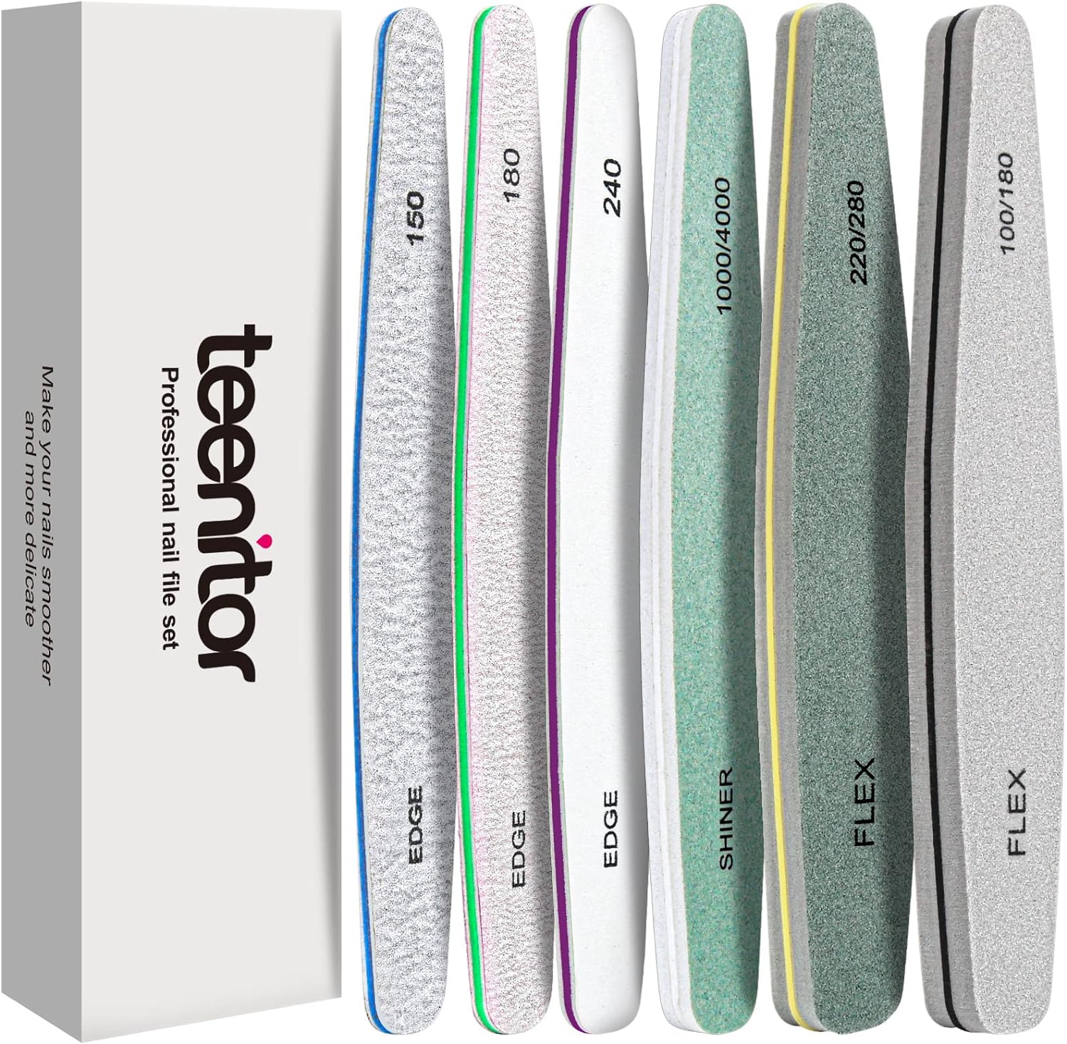 Teenitor Nail File Nail Buffer, 6 pcs Nail Files and Buffers for Natural Nails, Emery Boards for Nails, Nail Buffer and Shine Kit Nail Filer, Nail Buffer Block 100/180 Grit Nail Files Fingernail Files