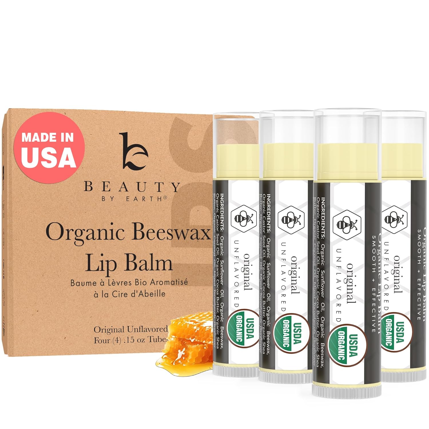 USDA Organic Lip Balm - USA Made with Natural Ingredients, 4 Pack Multi Flavor Lips Moisturizer, Moisturizing Lip Care, Beauty Gifts & Small Birthday Gifts, Moisturizer Chapstick Care for Dry Lips