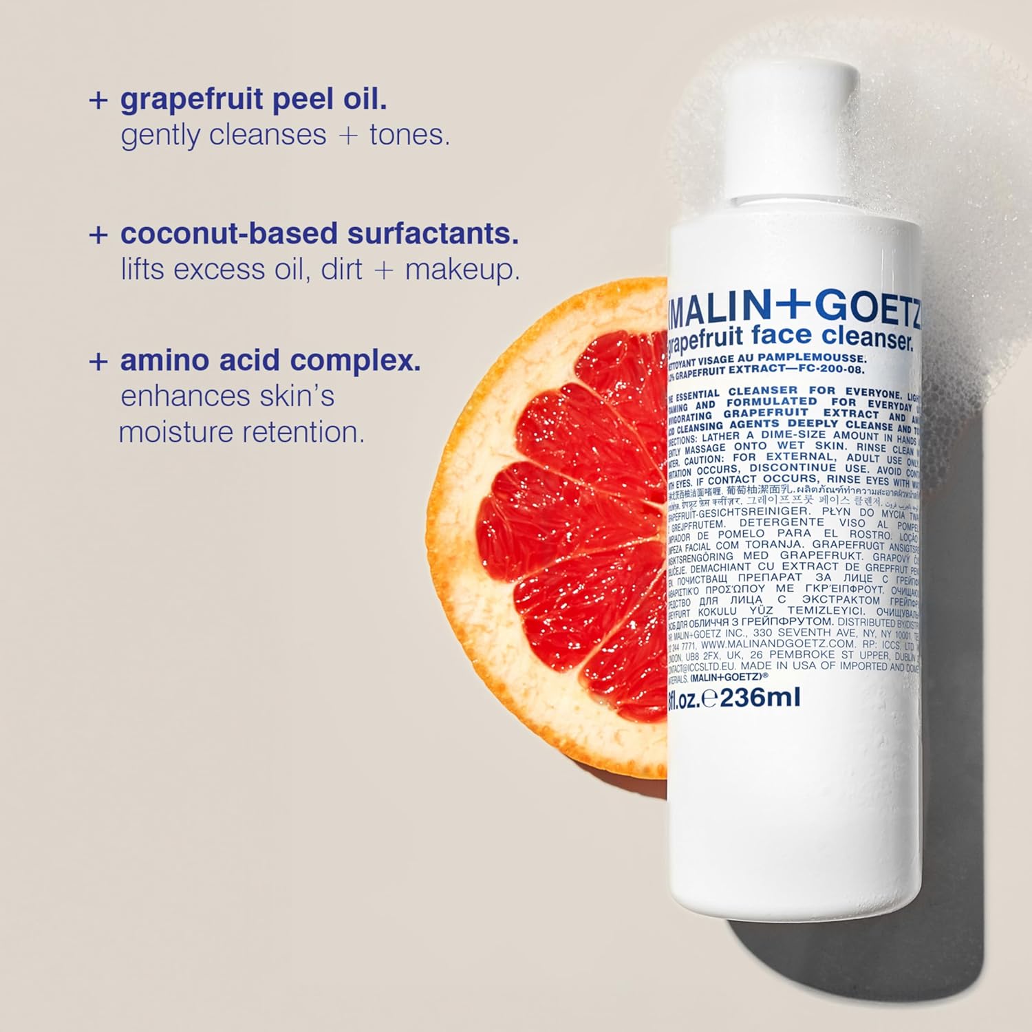 Malin + Goetz Grapefruit Face Cleanser, 8 Fl. Oz. - Men & Women Facial Cleanser for All Skin Types, Face Wash & Toner, Cleansing Facial Wash, Vegan & Cruelty Free