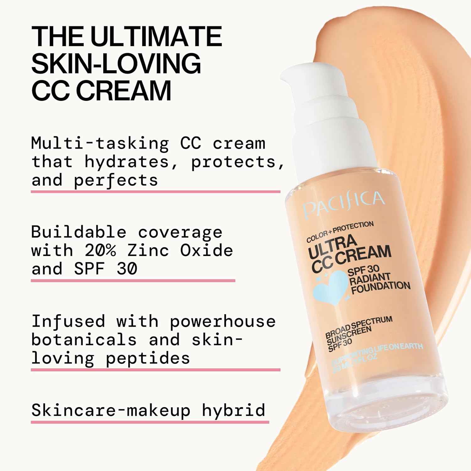 Pacifica Ultra CC Cream Radiant Foundation SPF 17 (Natural Medium) – Medium-Coverage Tinted Moisturizer + Mineral Sunscreen, Dewy Finish, 1 fl oz