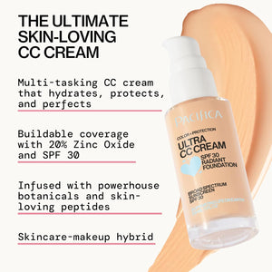 Pacifica Ultra CC Cream Radiant Foundation SPF 17 (Natural Medium) – Medium-Coverage Tinted Moisturizer + Mineral Sunscreen, Dewy Finish, 1 fl oz