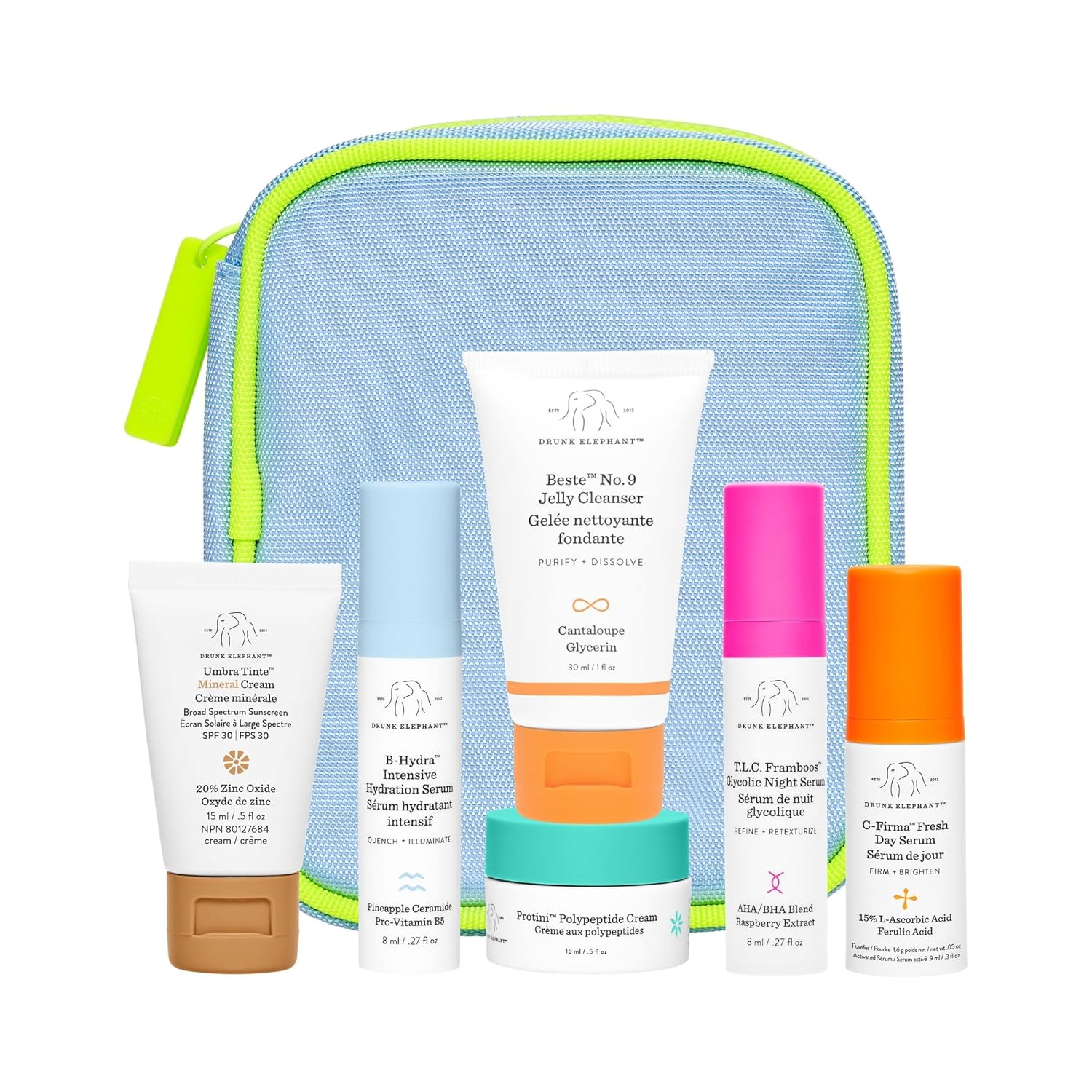 Drunk Elephant The Littles 7.0 Kit - 6 Travel-Friendly A.M. and P.M. Essentials - Clean Clinical Skincare - Cruelty-Free - Dermatologist-Tested - Free of Essential Oils, Silicones, and Fragrance