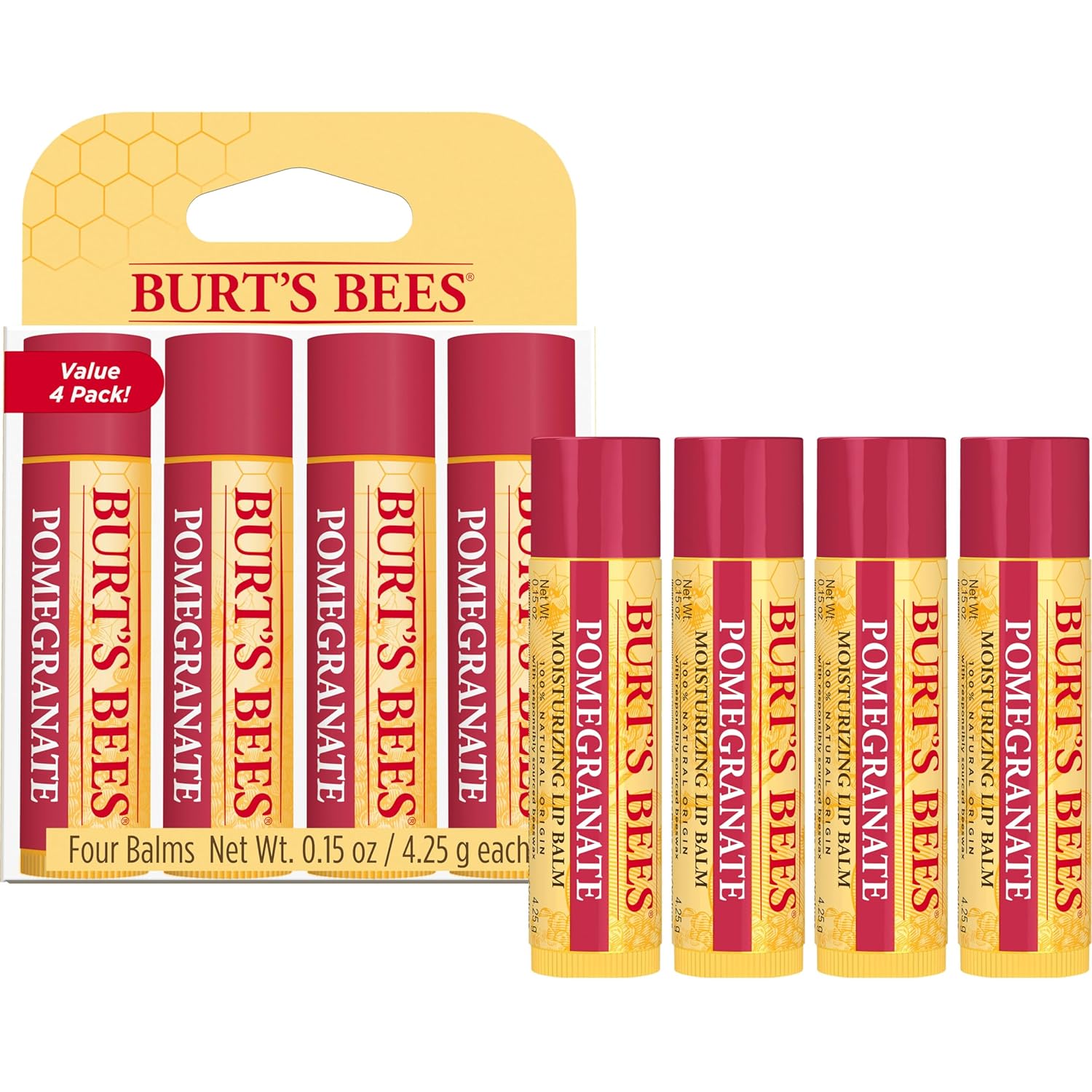 Burt's Bees Lip Balm - Pomegranate, Lip Moisturizer With Responsibly Sourced Beeswax, Tint-Free, Natural Origin Conditioning Treatment, 4 Tubes, 0.15 oz.