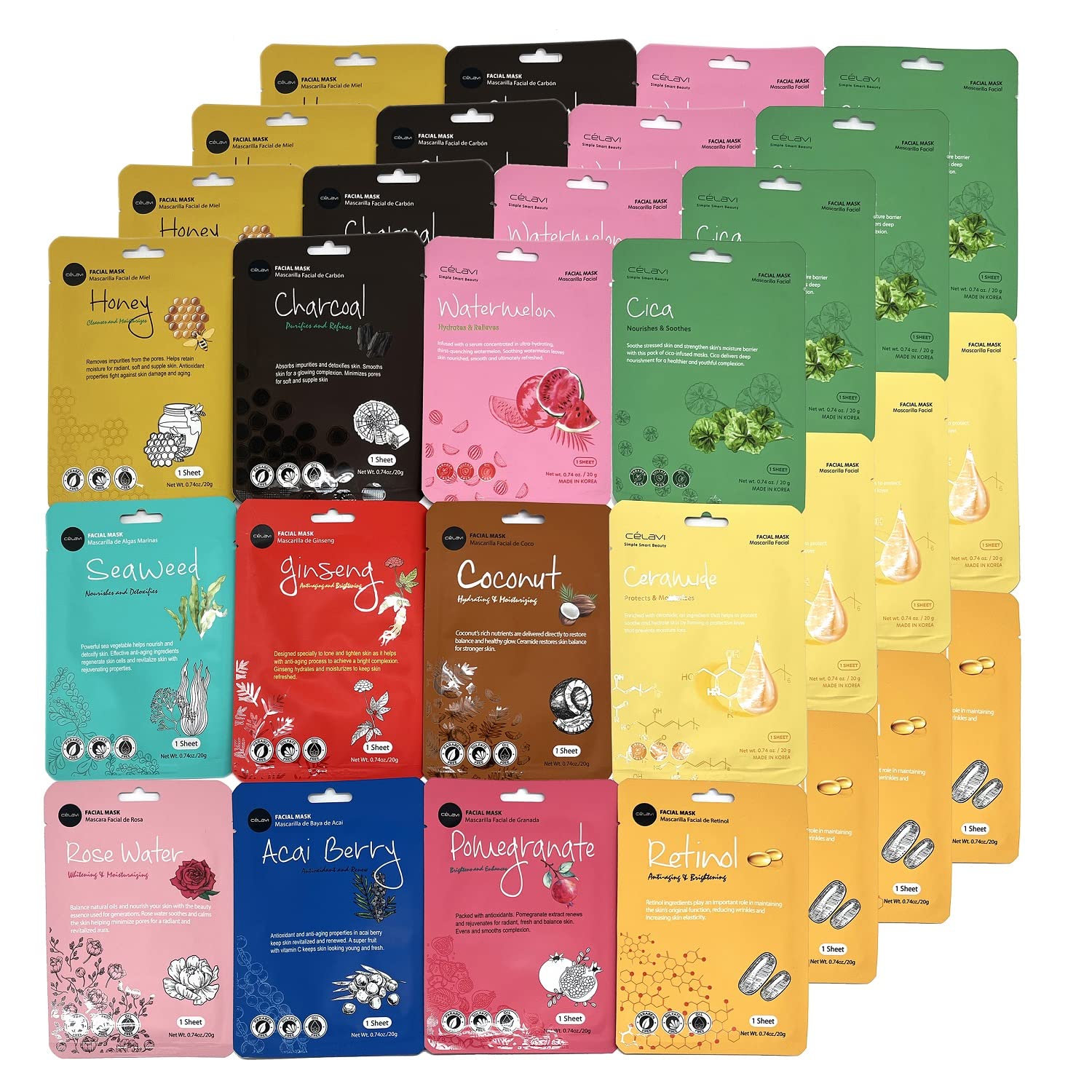 Celavi K-Beauty Skincare Essence Facial Face Mask Korea Skin Care Moisturizing B Set 12 Pack
