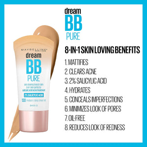 Maybelline Dream Pure Skin Clearing BB Cream, 8-in-1 Skin Perfecting Beauty Balm With 2% Salicylic Acid, Sheer Tint Coverage, Oil-Free, Light/Medium, 1 Count