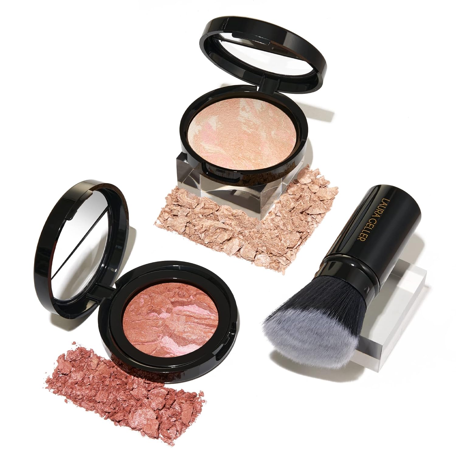 LAURA GELLER NEW YORK Blush-n-Glow Kit (3 PC): Baked Balance-N-Glow Illuminating Powder Foundation, Porcelain + Retractable Kabuki Brush + Baked Blush-N-Brighten, Pink Grapefruit