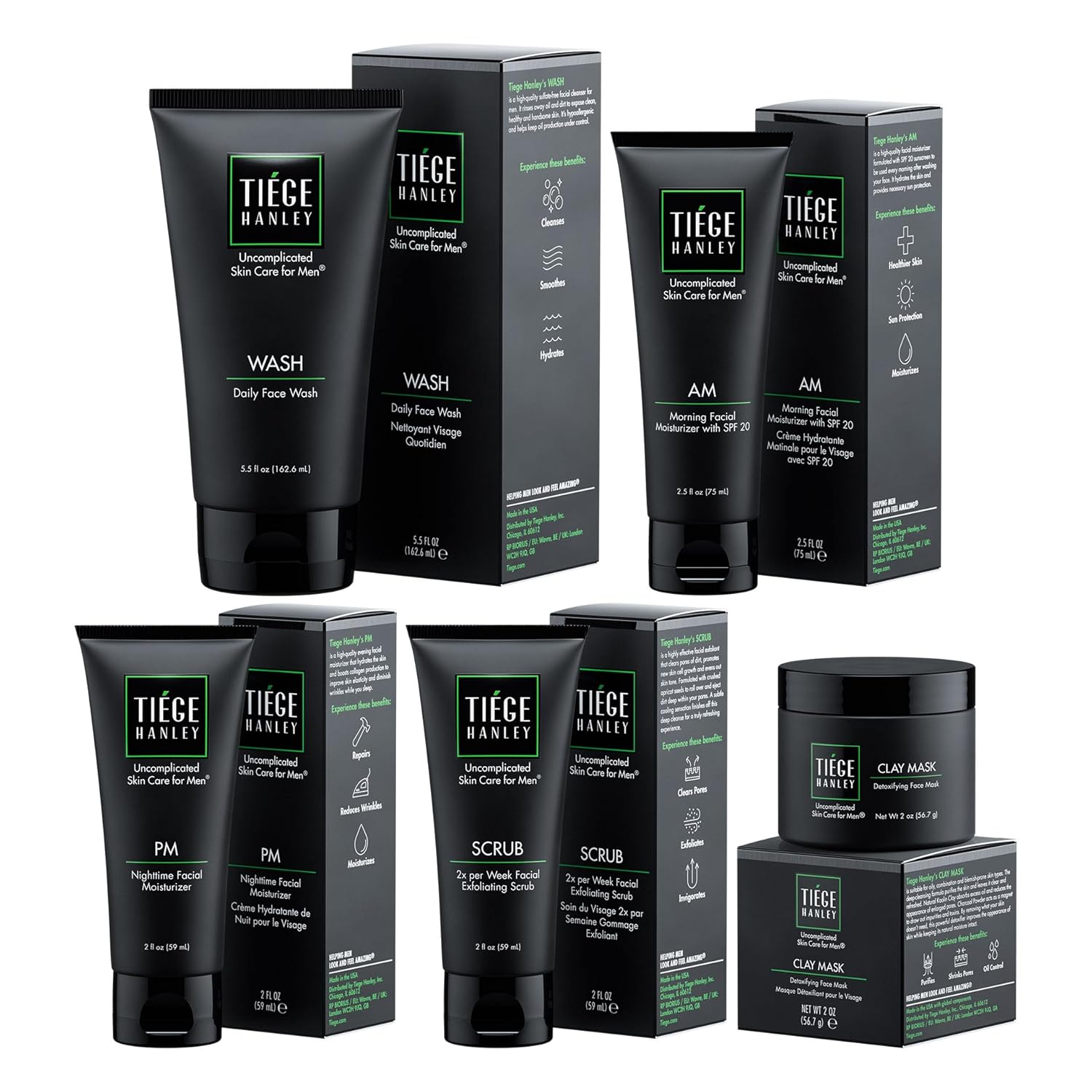 Tiege Hanley 90-Day Large Essential Skin Care Routine for Men (Level 1) - Smooth, hydrate, and protect your skin - Men's Skincare Set Includes Face Wash, Facial Scrub, & AM / PM Moisturizer's