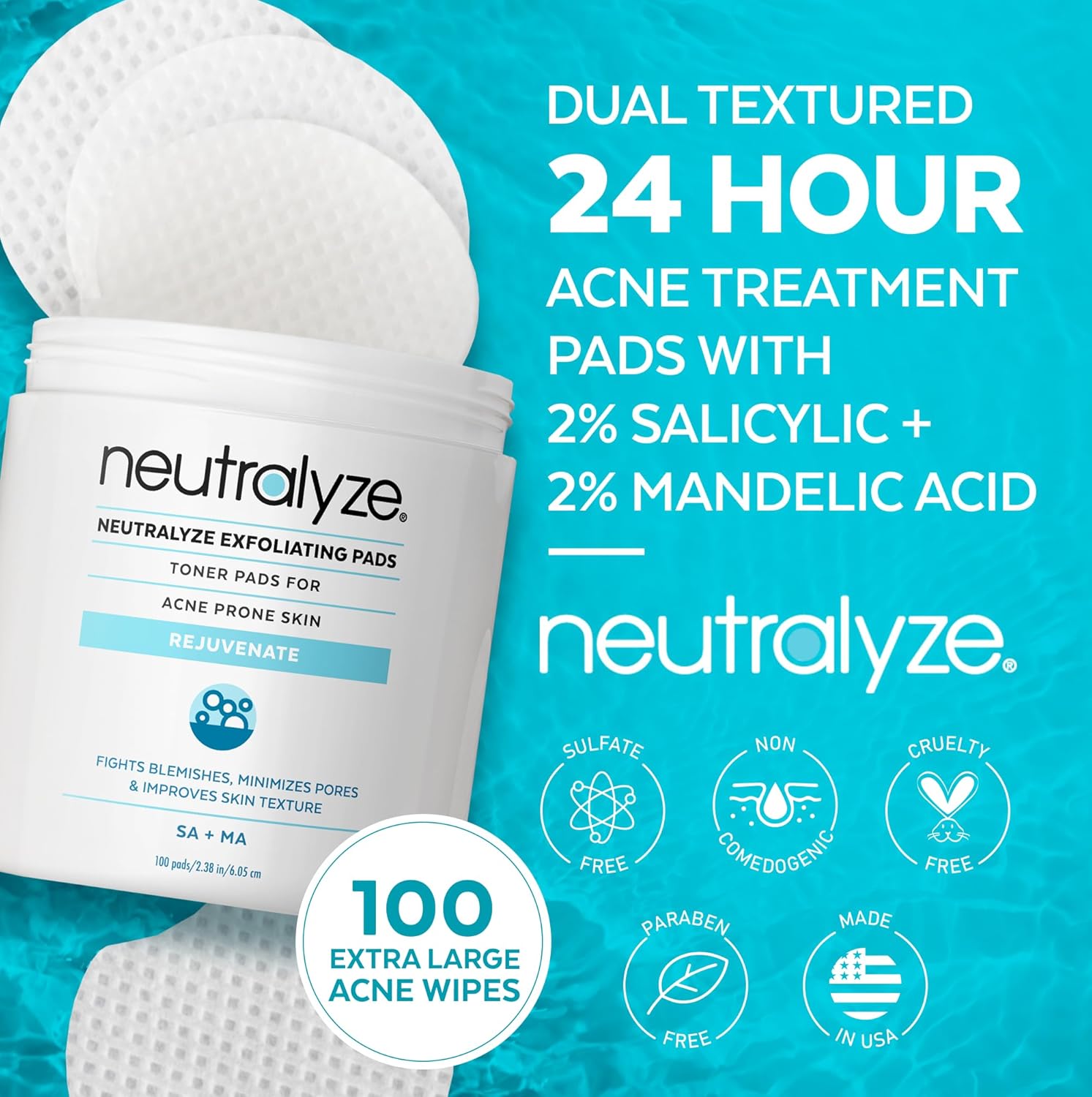 Exfoliating Acne Treatment Pads (100 Count) - Dual Textured Face Wipes with 2% Salicylic Acid & 2% Mandelic Acid - Toner Pads for Acne Prone Skin, Face & Body Wipes for Teens & Adults