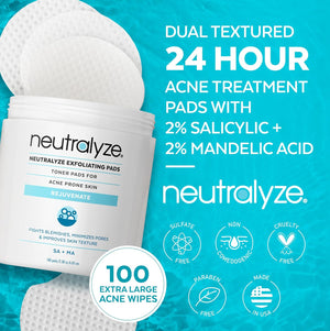 Exfoliating Acne Treatment Pads (100 Count) - Dual Textured Face Wipes with 2% Salicylic Acid & 2% Mandelic Acid - Toner Pads for Acne Prone Skin, Face & Body Wipes for Teens & Adults