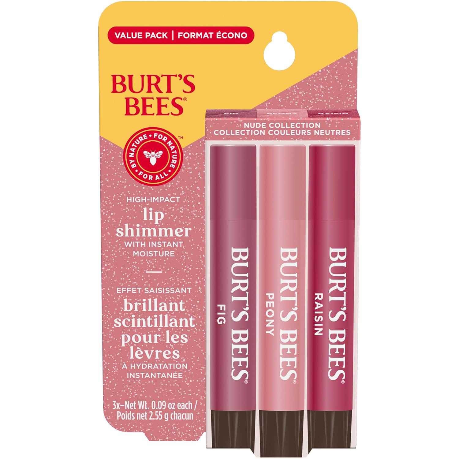 Burt's Bees Lip Shimmer Pink Collection, Tinted Lip Balm Stick, Moisturizing for All Day Hydration with Natural Glowy Pigmented Finish & Buildable Color, 3 Shades; Value Pack, 3 Tubes x 0.09 Oz