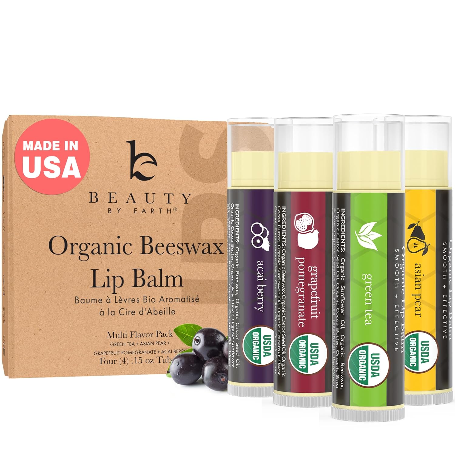 USDA Organic Lip Balm - USA Made with Natural Ingredients, 4 Pack Multi Flavor Lips Moisturizer, Moisturizing Lip Care, Beauty Gifts & Small Birthday Gifts, Moisturizer Chapstick Care for Dry Lips