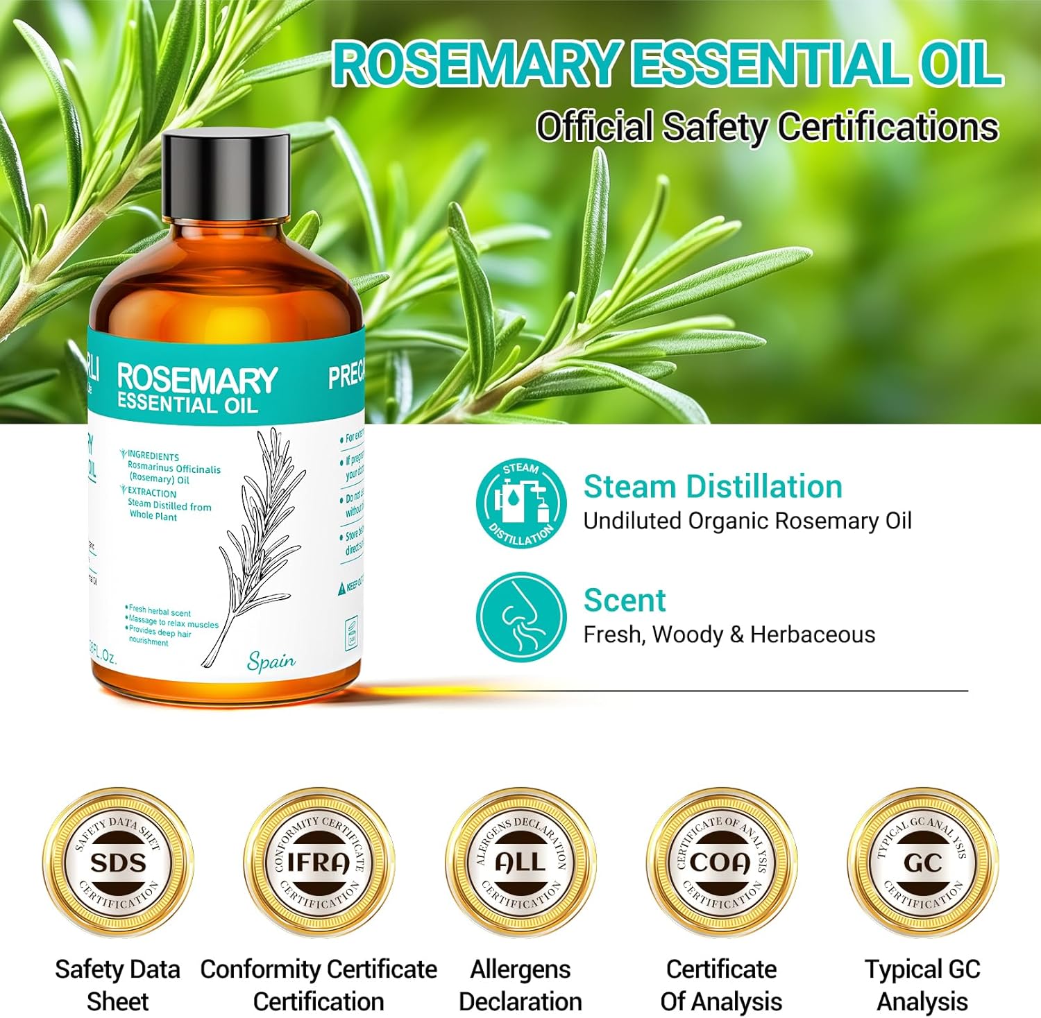 Rosemary Oil 3.38 fl oz Rosemary Essential Oil 100% Pure Undiluted for Hair, Scalp, Skin, Diffusers, Aromatherapy, Massage, Soap and Candle Making