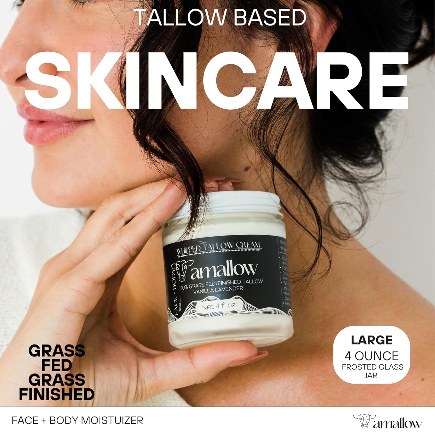 100% Grass Fed Beef Tallow for Skin Care - Face + Body - Whipped Moisturizer - Natural Lotion, 4 FL. oz. (Vanilla Lavender)