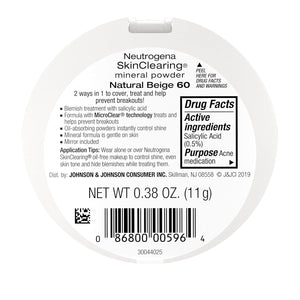 Neutrogena SkinClearing Mineral Acne-Concealing Pressed Powder Compact, Shine-Free & Oil-Absorbing Makeup with Salicylic Acid to Cover, Treat & Prevent Breakouts, Natural Beige 60,.38 oz (Pack of 2)