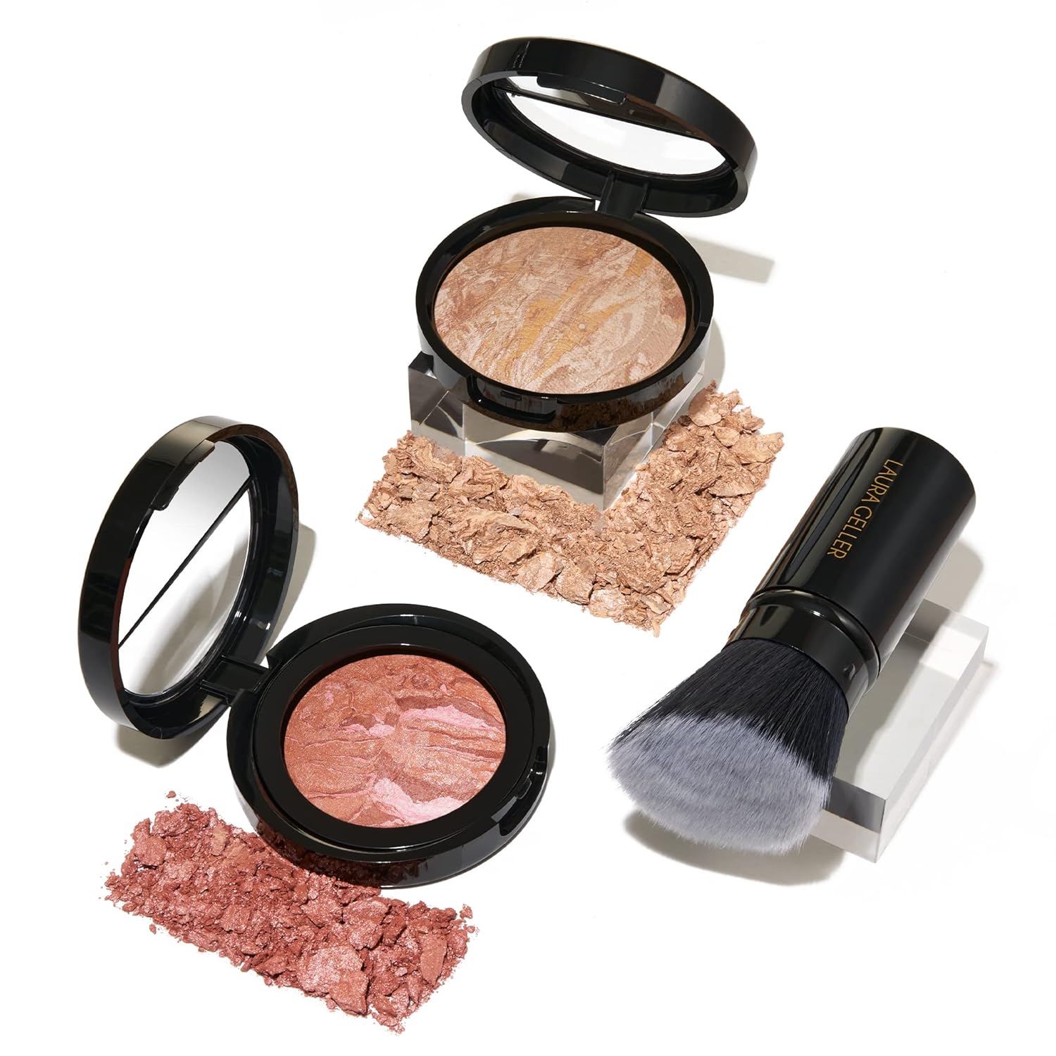 LAURA GELLER NEW YORK Baked Balance-N-Glow Illuminating Powder Foundation, Medium + Retractable Kabuki Brush + Baked Blush-N-Brighten, Pink Grapefruit