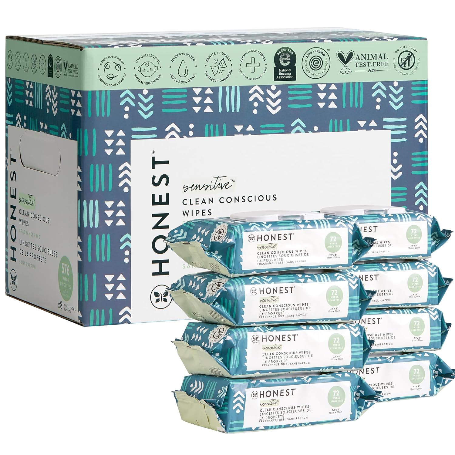 The Honest Company Clean Conscious Multi-Use Wipes | Hypoallergenic + Unscented for Sensitive Skin | Over 99% Water, Compostable, Plant Based, Baby Wipes | Geo Mood, 288 Count