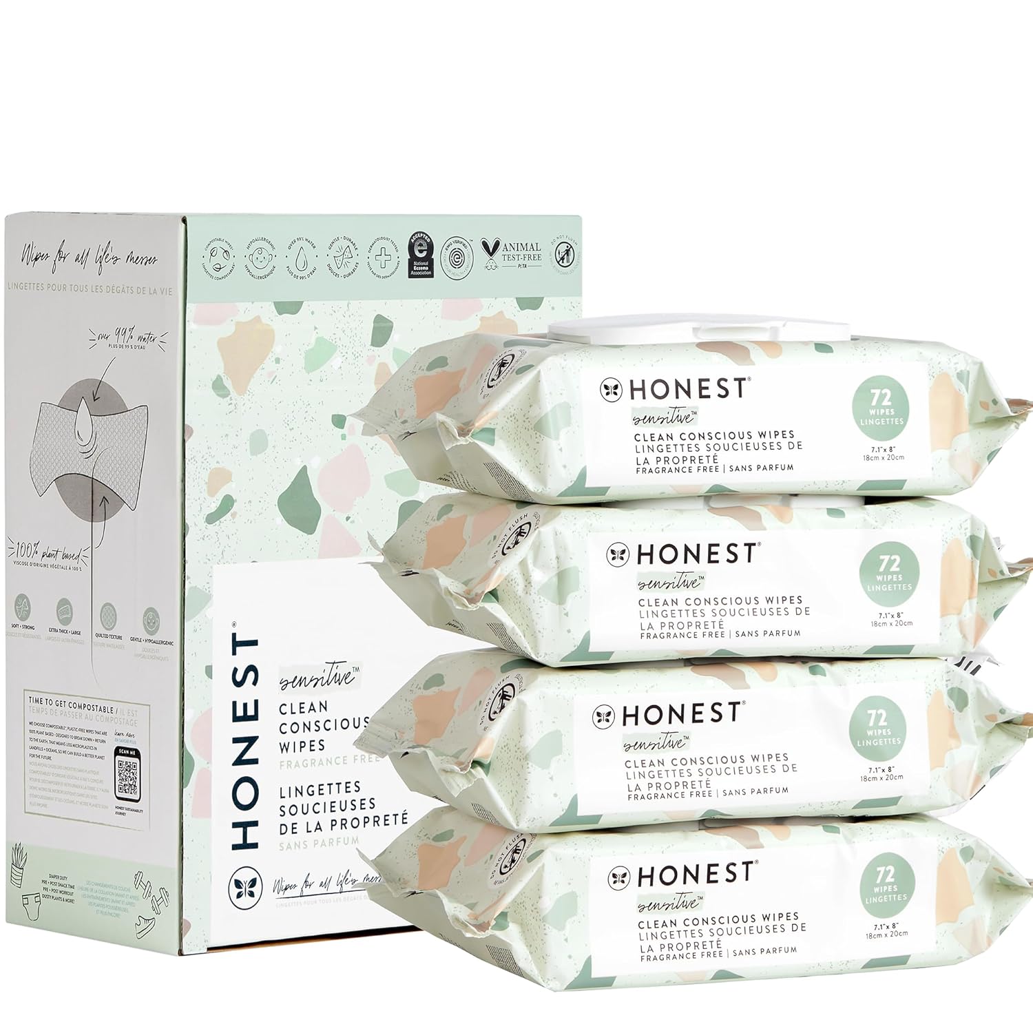 The Honest Company Clean Conscious Multi-Use Wipes | Hypoallergenic + Unscented for Sensitive Skin | Over 99% Water, Compostable, Plant Based, Baby Wipes | Geo Mood, 288 Count