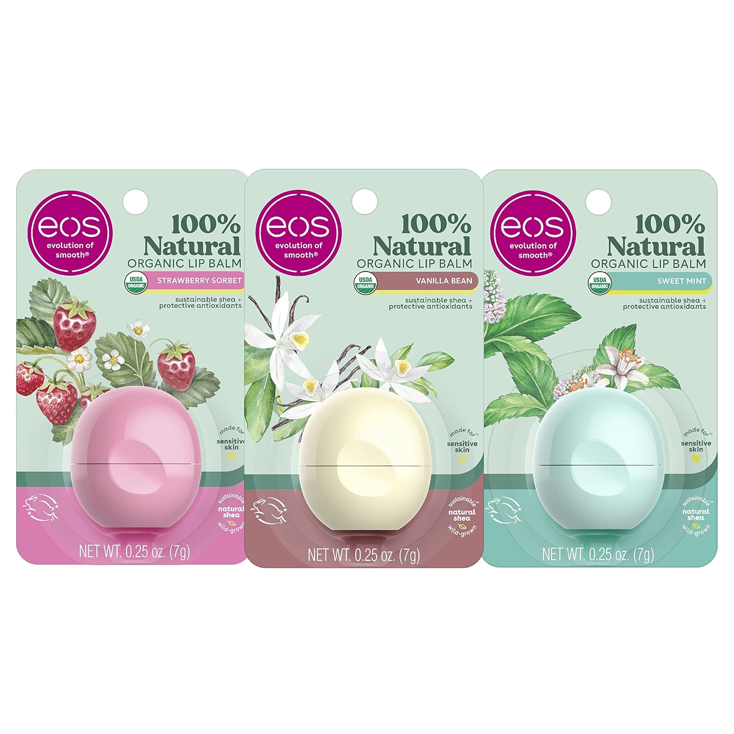 eos 100% Natural & Organic Lip Balm- Sweet Mint, Dermatologist Recommended, All-Day Moisture, Made for Sensitive Skin, Lip Care Products, 0.25 oz