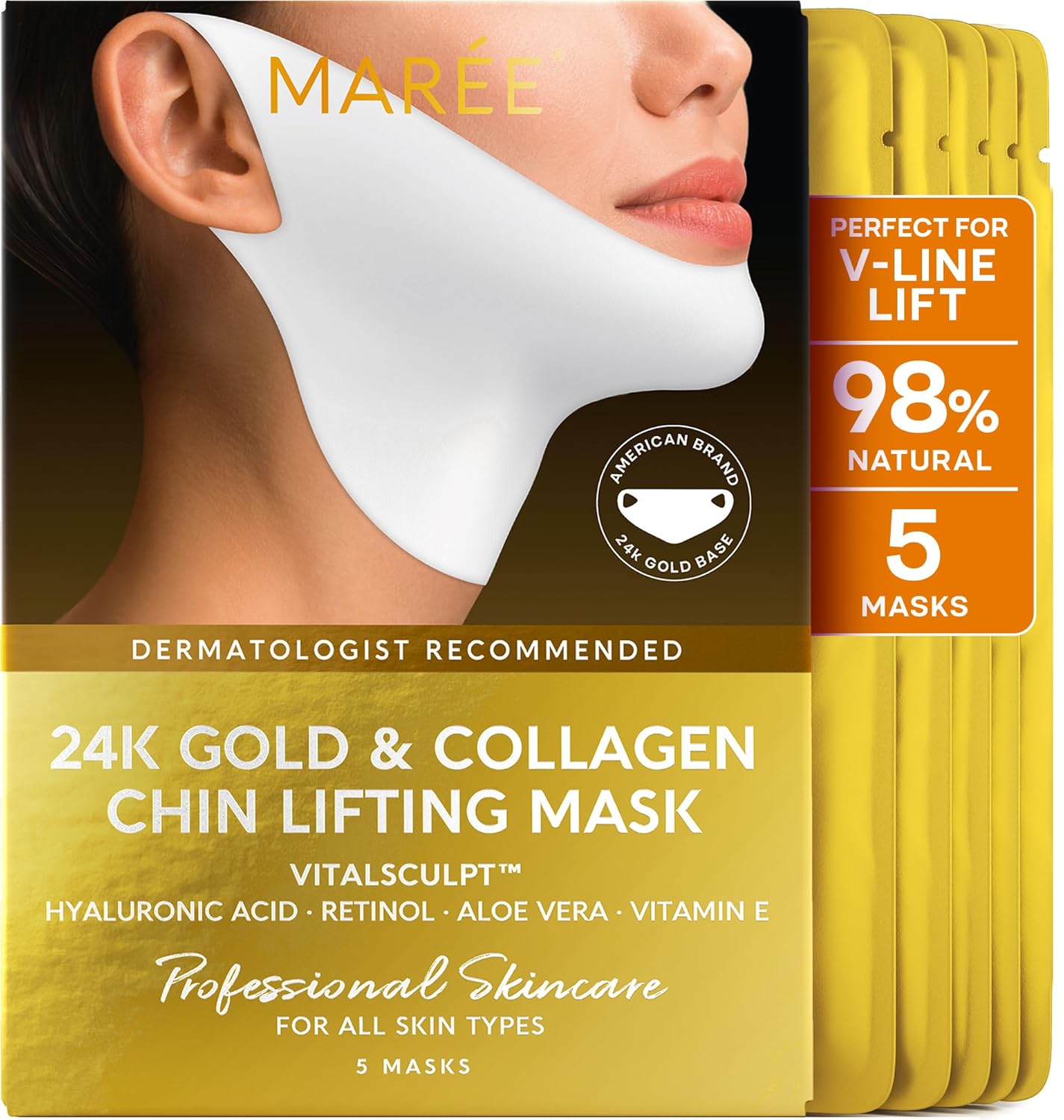 MAREE V Line Lifting Mask with 24K Gold - Deep Collagen Jawline Shaper Mask with Retinol for Face Lift - Facial Skincare Chin Strap - Hyaluronic Acid, Vitamin E - 5 PACK