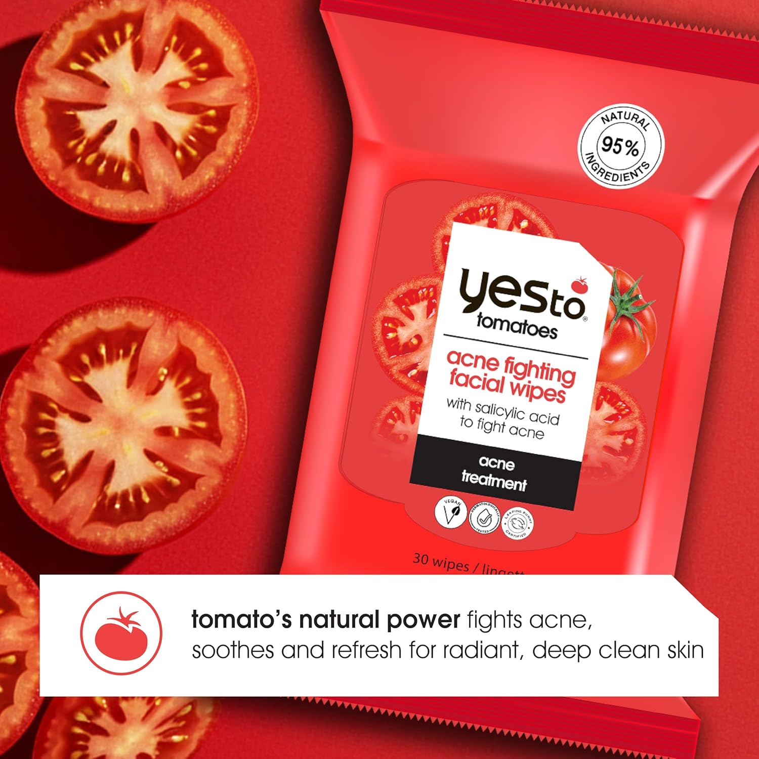 Yes To Acne Facial Wipes with Salicylic Acid for Acne Prone Skin, Deep Cleansing & Oil Control Face Wipes, 95% Natural Ingredients