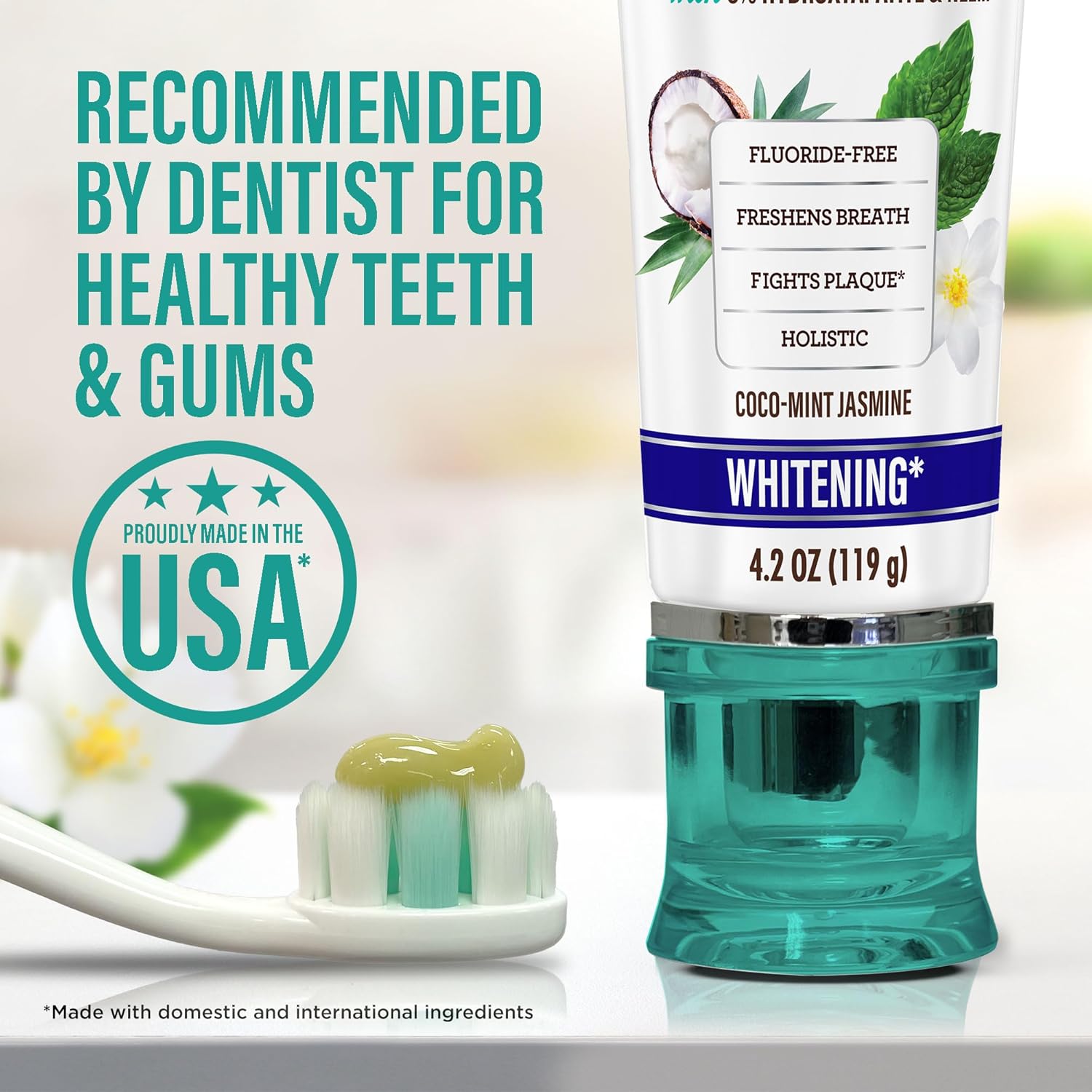 GuruNanda Hydroxyapatite Toothpaste, SLS & Fluoride Free, Whitening Toothpaste - Freshens Breath, Fights Plaque - Natural CocoMint Jasmine Neem, 4.2oz
