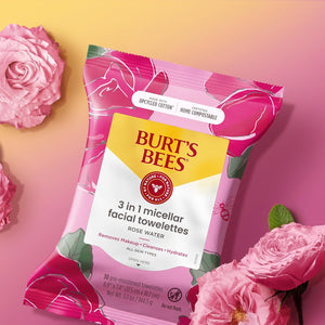 Burt's Bees Rose Water Face Wipes, for All Skin Types, Hydrating Micellar Makeup Remover & Facial Cleansing Towelettes, 30 Ct (3-Pack)