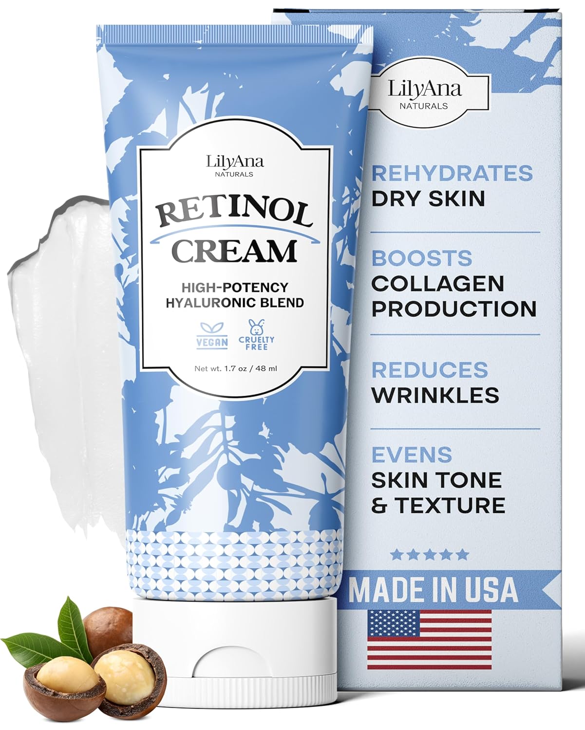 LilyAna Naturals Retinol Cream - Made in USA, Anti Aging Moisturizer for Face and Neck, Wrinkle, Retinol Complex, Body Mousse - 1.7oz