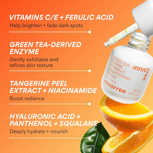 innisfree Green Tea Enzyme Vitamin C Serum for Dark Spot Fading, Korean Face Serum for Glow and Radiance