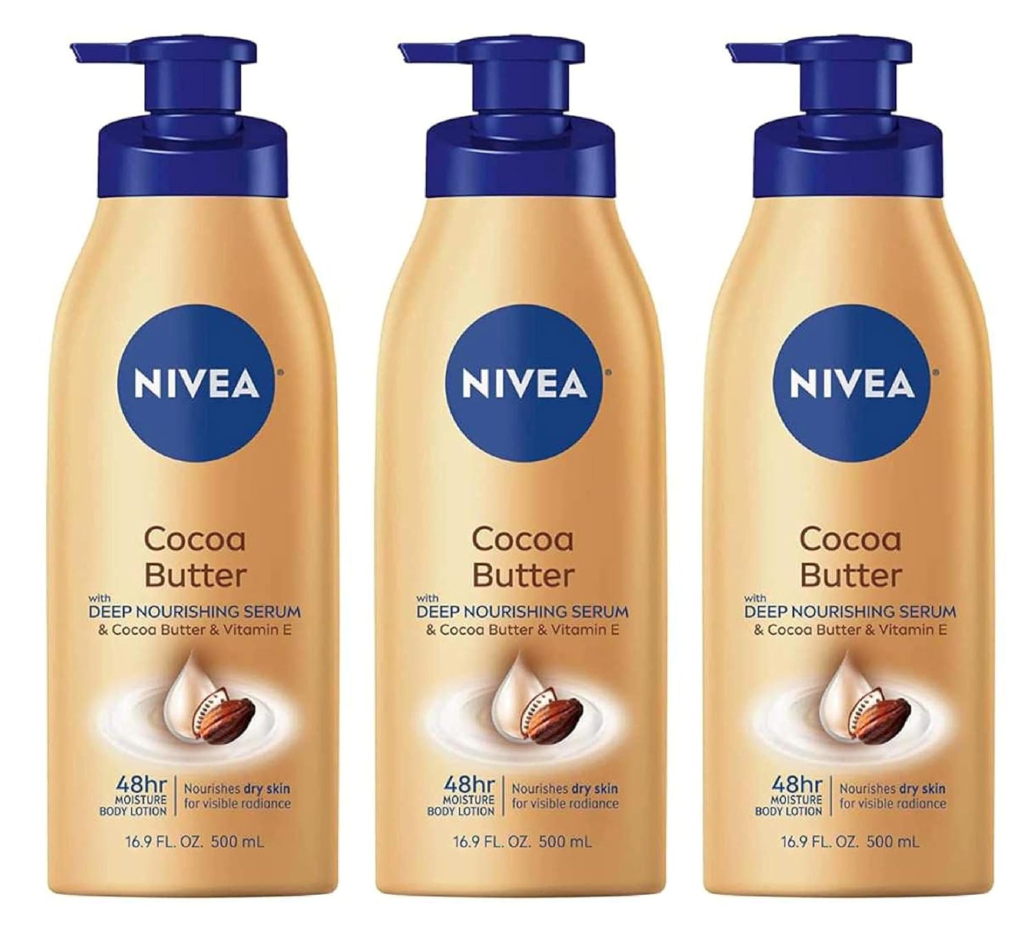 NIVEA Cocoa Butter Body Lotion with Deep Nourishing Serum, Cocoa Butter and Vitamin E, 48-Hour Moisturizing Body Lotion for Dry Skin, Nourishes Dry Skin for Visible Radiance, 16.9 Fl Oz Pump Bottle