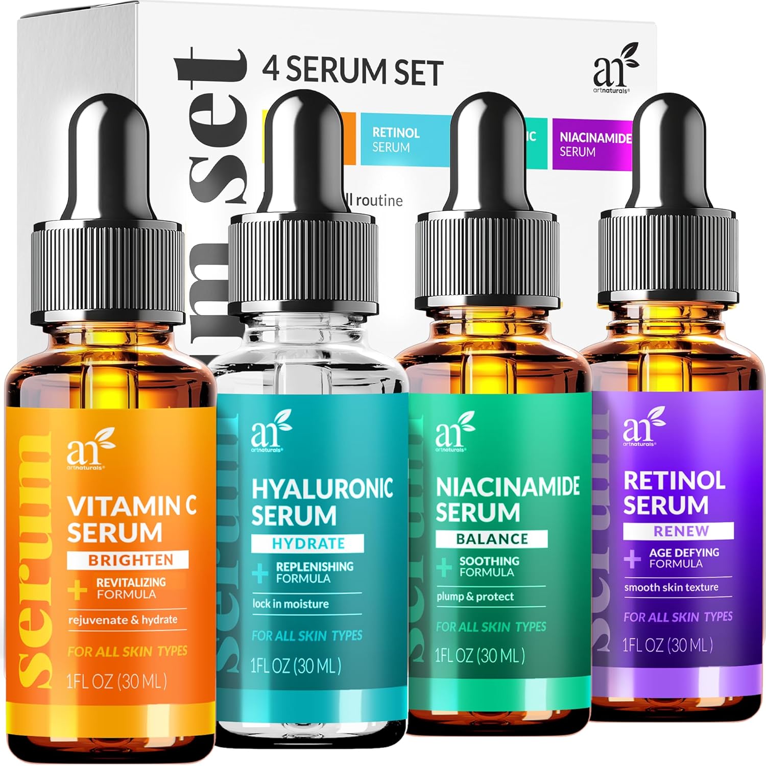 artnaturals Anti-Aging-Set with Vitamin-C Retinol and Hyaluronic-Acid - (3 x 1 Fl Oz / 30ml) Serum for Anti Wrinkle and Dark Circle Remover – All Natural and Moisturizing