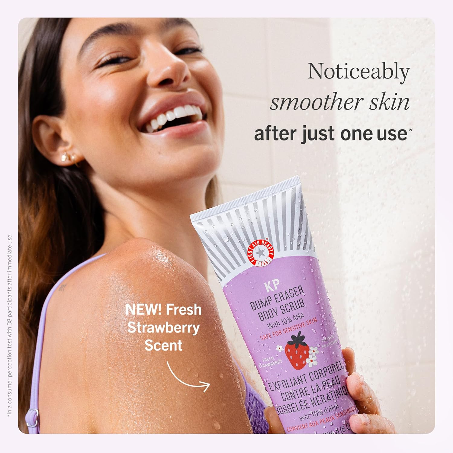 First Aid Beauty - KP Bump Eraser Body Scrub with 10% AHA, Keratosis Pilaris Exfoliator with Glycolic and Lactic acids, Helps Reduce Chicken Skin Bumps, Safe for Sensitive Skin, Strawberry Scent, 8 oz