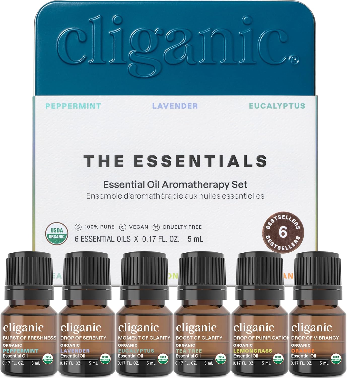Cliganic Organic Aromatherapy Essential Oils Set (Top 6 - The Essentials), 100% Pure Natural - Peppermint, Lavender, Eucalyptus, Tea Tree, Lemongrass & Orange (Packaging May Vary)