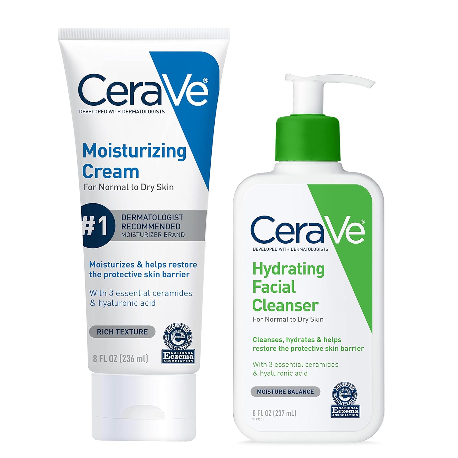 CeraVe Moisturizing Cream Combo Pack, Contains 16 Ounce with Pump & 1 Ounce Hydrating Facial Cleanser, Dry Skin Relief