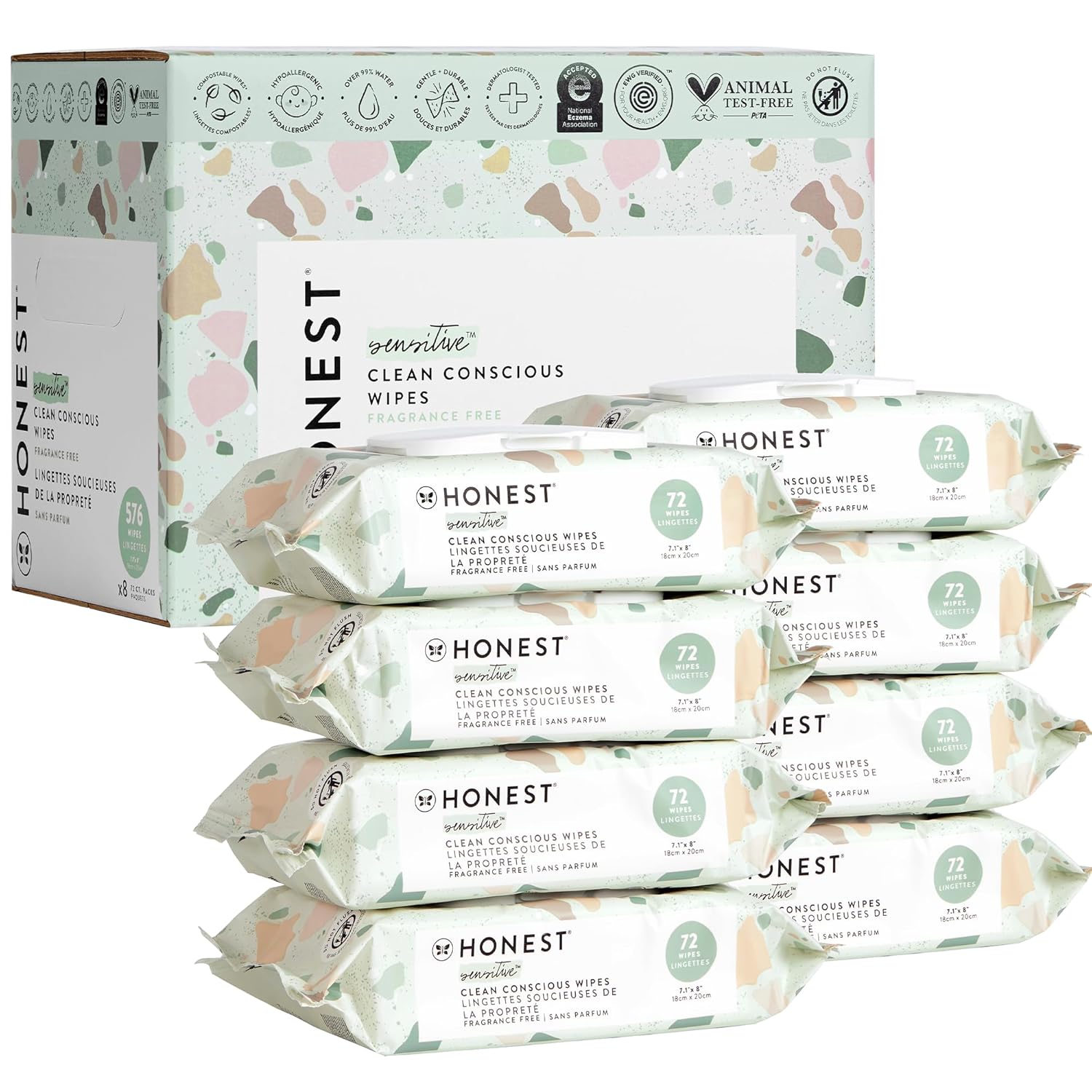 The Honest Company Clean Conscious Multi-Use Wipes | Hypoallergenic + Unscented for Sensitive Skin | Over 99% Water, Compostable, Plant Based, Baby Wipes | Geo Mood, 288 Count