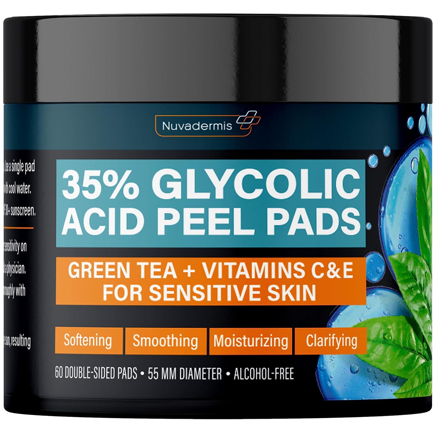 NUVADERMIS Glycolic Acid Pads - 35% Glycolic Acid Peel Pads - Exfoliating Facial Peel for Natural Skin Resurfacing, Blackheads, Dark Spots, and Acne - Sensitive Skin Safe - 60 Double-Sided