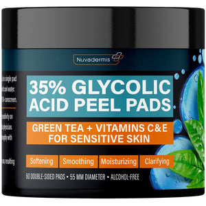 NUVADERMIS Glycolic Acid Pads - 35% Glycolic Acid Peel Pads - Exfoliating Facial Peel for Natural Skin Resurfacing, Blackheads, Dark Spots, and Acne - Sensitive Skin Safe - 60 Double-Sided