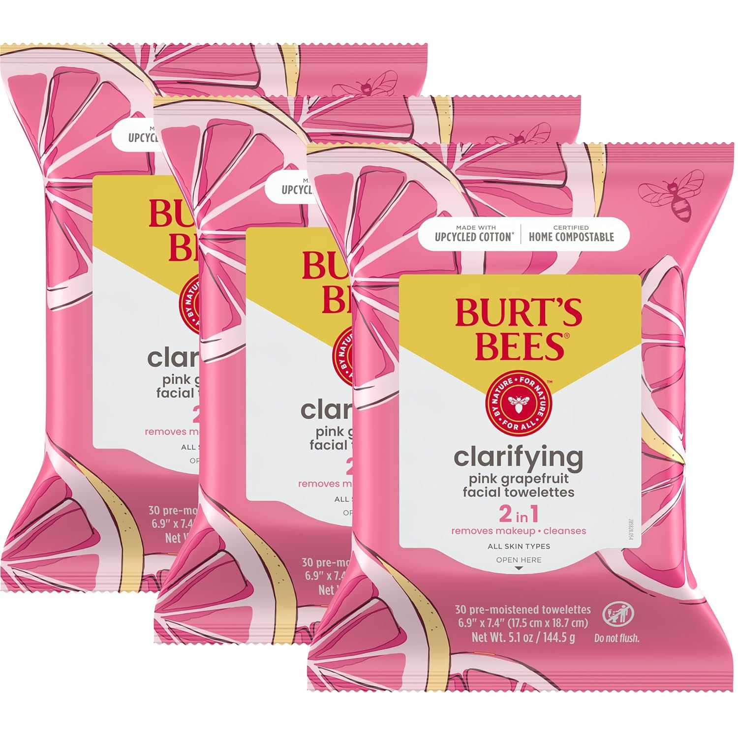 Burt's Bees Rose Water Face Wipes, for All Skin Types, Hydrating Micellar Makeup Remover & Facial Cleansing Towelettes, 30 Ct (3-Pack)
