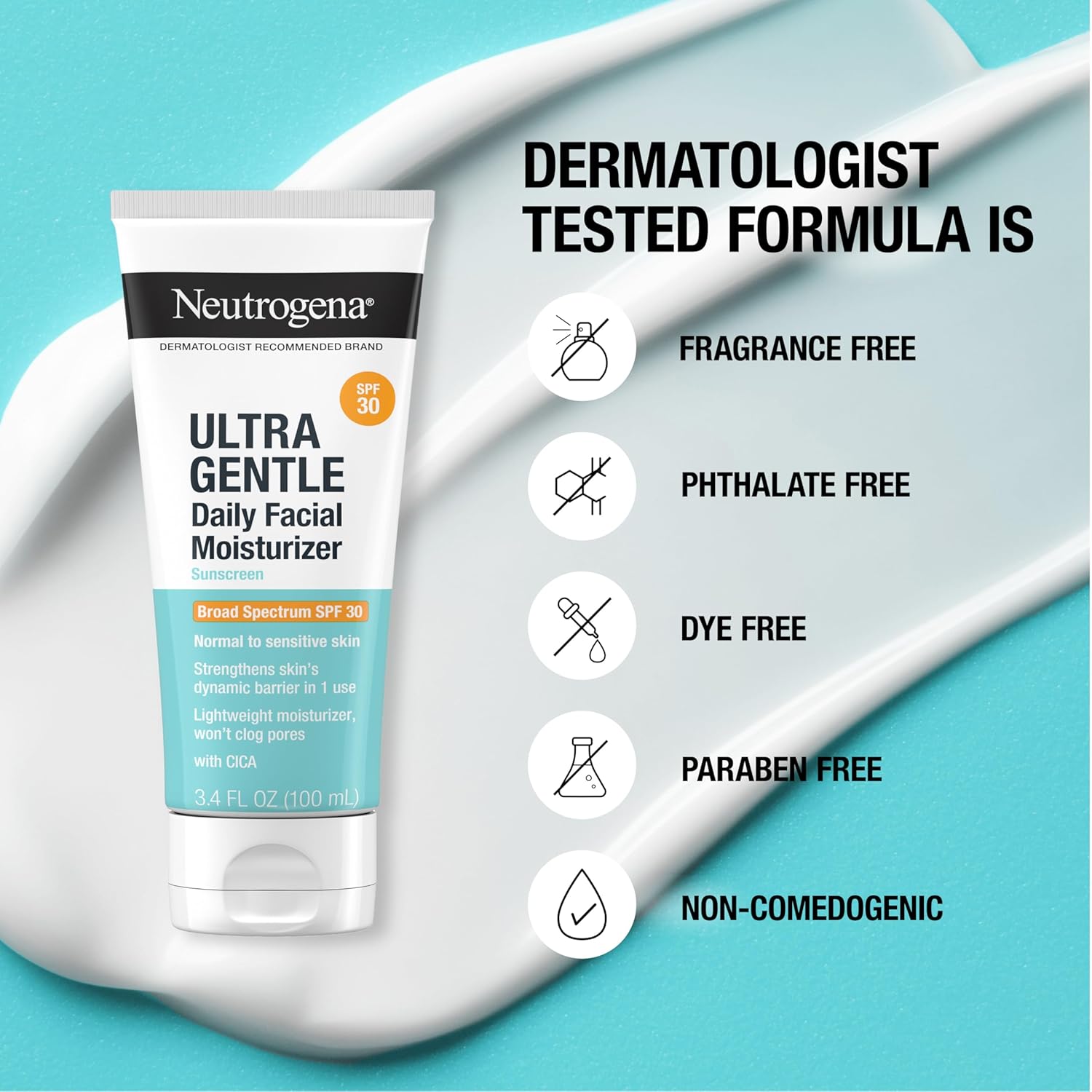 Neutrogena Ultra Gentle Daily Facial Moisturizer with SPF 30 Sunscreen with CICA, Lightweight Face Lotion with Broad Spectrum SPF 30 for Normal to Sensitive Skin, Fragrance-Free, 3.4 fl. oz